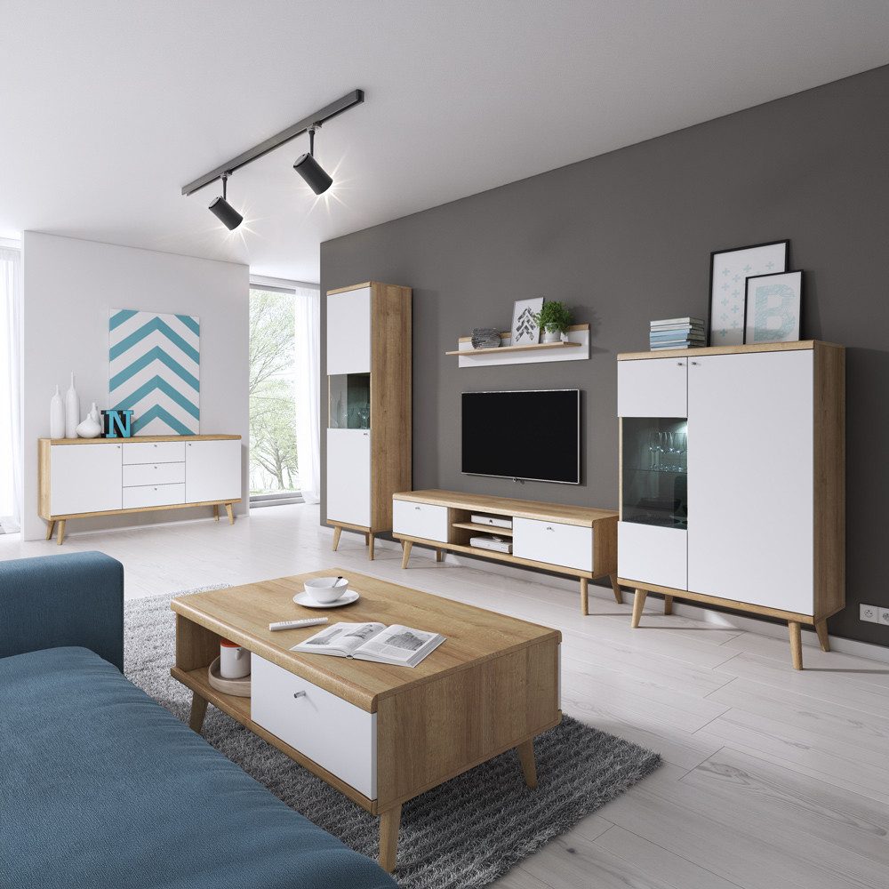 Lomadox Wohnzimmer-Set POSITANO-160, (Mega-Spar-Set, 6-St., Sideboard Vitrine Lowboard Wandboard Highboard Couchtisch), in Weiß mit Eiche, inkl. Beleuchtung, Retro-Design