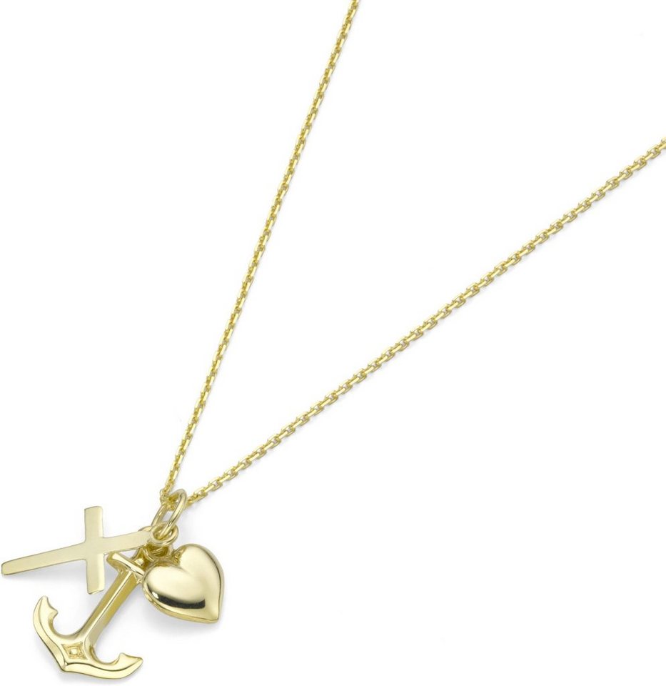 Firetti Kette mit Anhänger Schmuck Geschenk Gold 375 Halsschmuck Halskette  Goldkette Ankerkette, zu Kleid, Shirt, Jeans, Sneaker! Anlass Geburtstag  Weihnachten, Halskette mit Symbole für Glaube, Liebe, Hoffnung