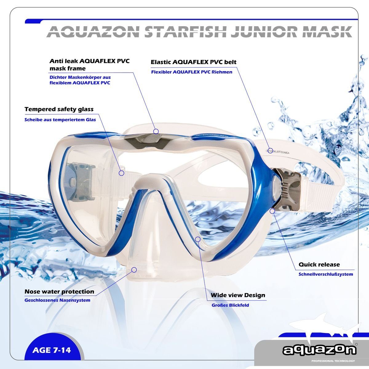 AQUAZON Taucherbrille STARFISH Kinder Schnorchelbrille 7-12 Jahre mit Textil Kopfband