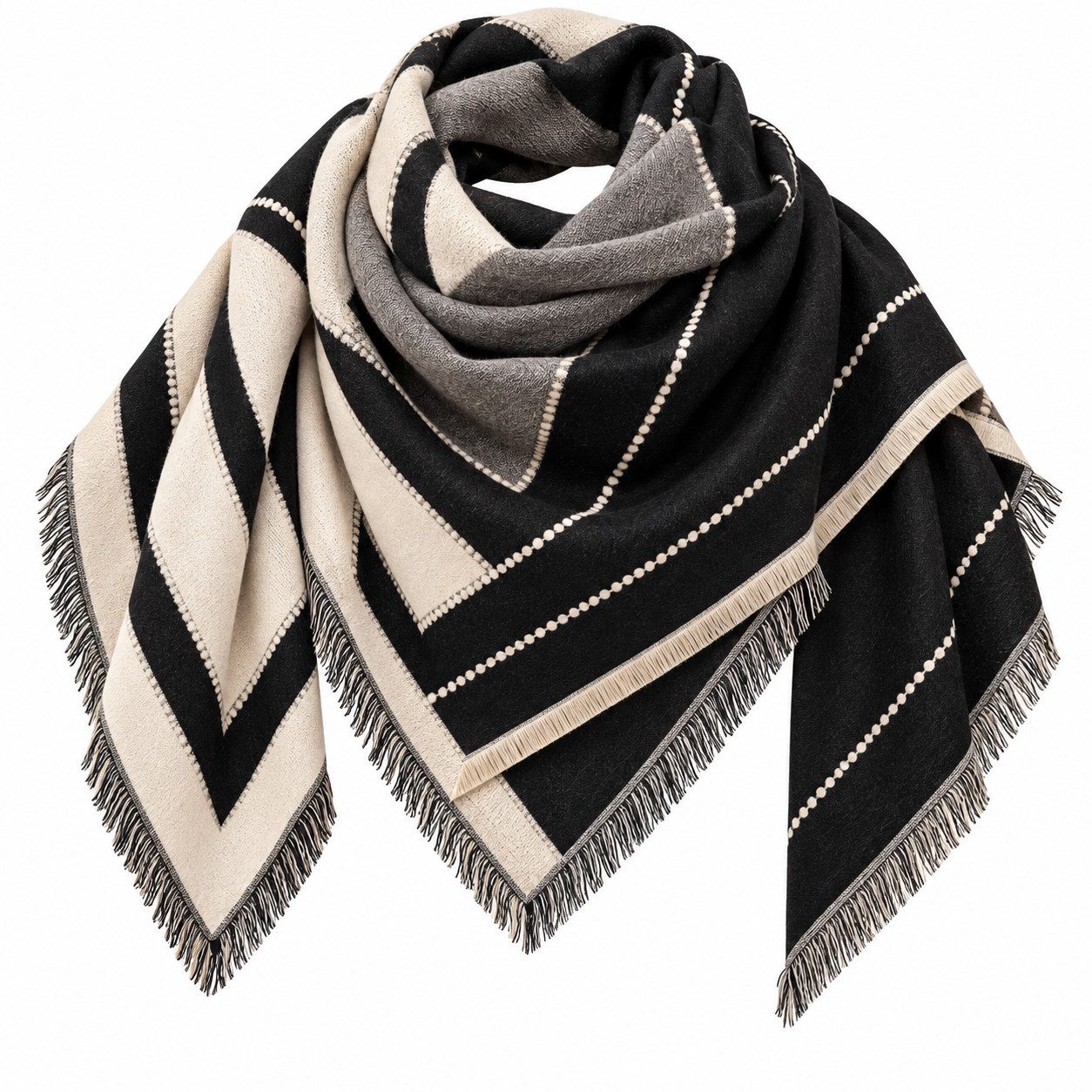 LK Trend & Style Modetuch Großes quadratisches Tuch mit geometrischem Muster, (edler Kaschmir-Schal, 135 x 135 cm, Schwarz), Ultraweiches Volumen: Ein luxuriöser Fall, der sich sanft anschmiegt.
