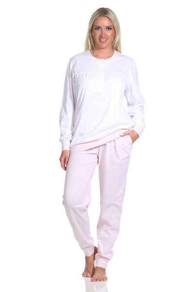 Normann Pyjama Damen Schlafanzug mit Bündchen im Paysley Design und Hals Knopfleiste