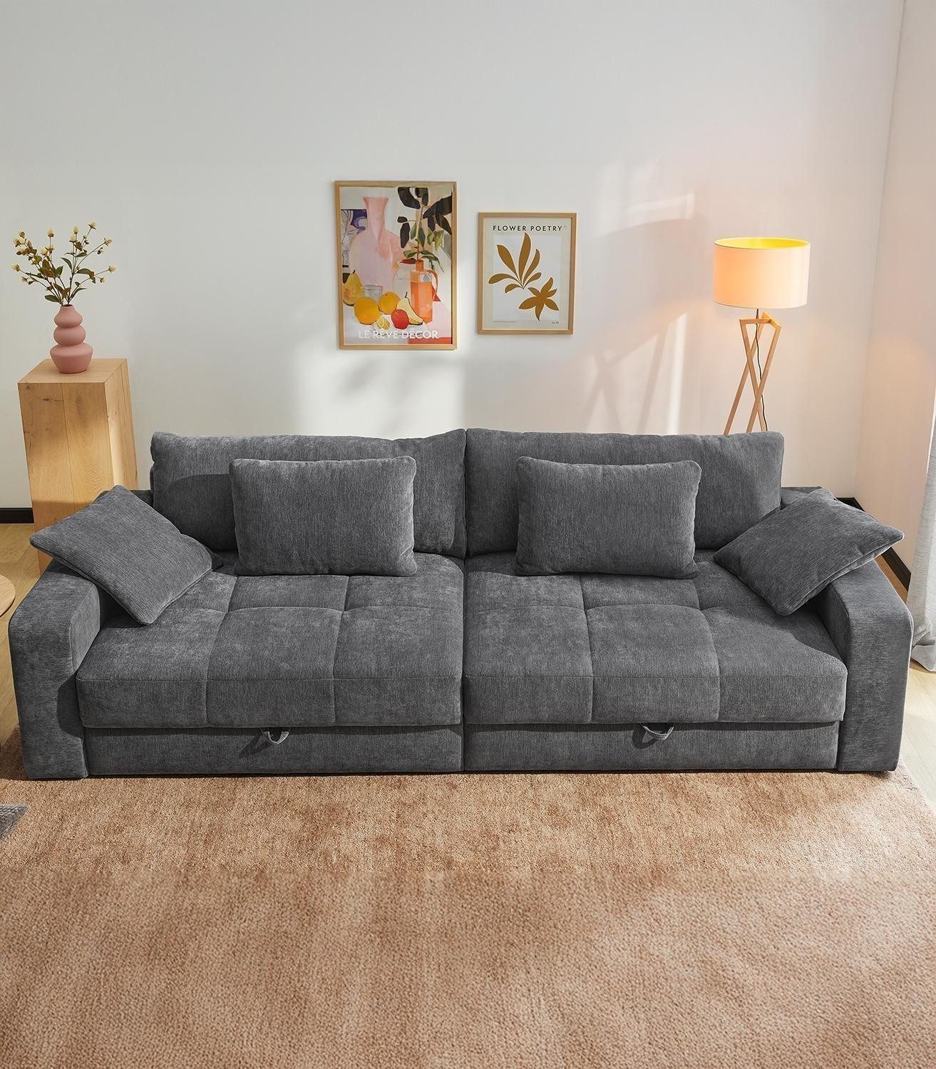 Jockenhöfer Gruppe Big-Sofa SPACE, Grau, Chenille, 2 Bettkästen, mit Kissen, B 284 x H 84 x T 113 cm