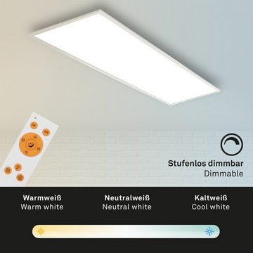 Briloner Leuchten LED Deckenleuchte 7196-016, CCT Farbtemperatursteuerung, Fernbedienung, dimmbar, ultraflach, LED fest verbaut, Kaltweiß, Neutralweiß, Tageslichtweiß, Warmweiß, Deckenlampe, 119,5x29,5x4,8, Weiß, 36W, Wohnzimmer, Schlafzimmer