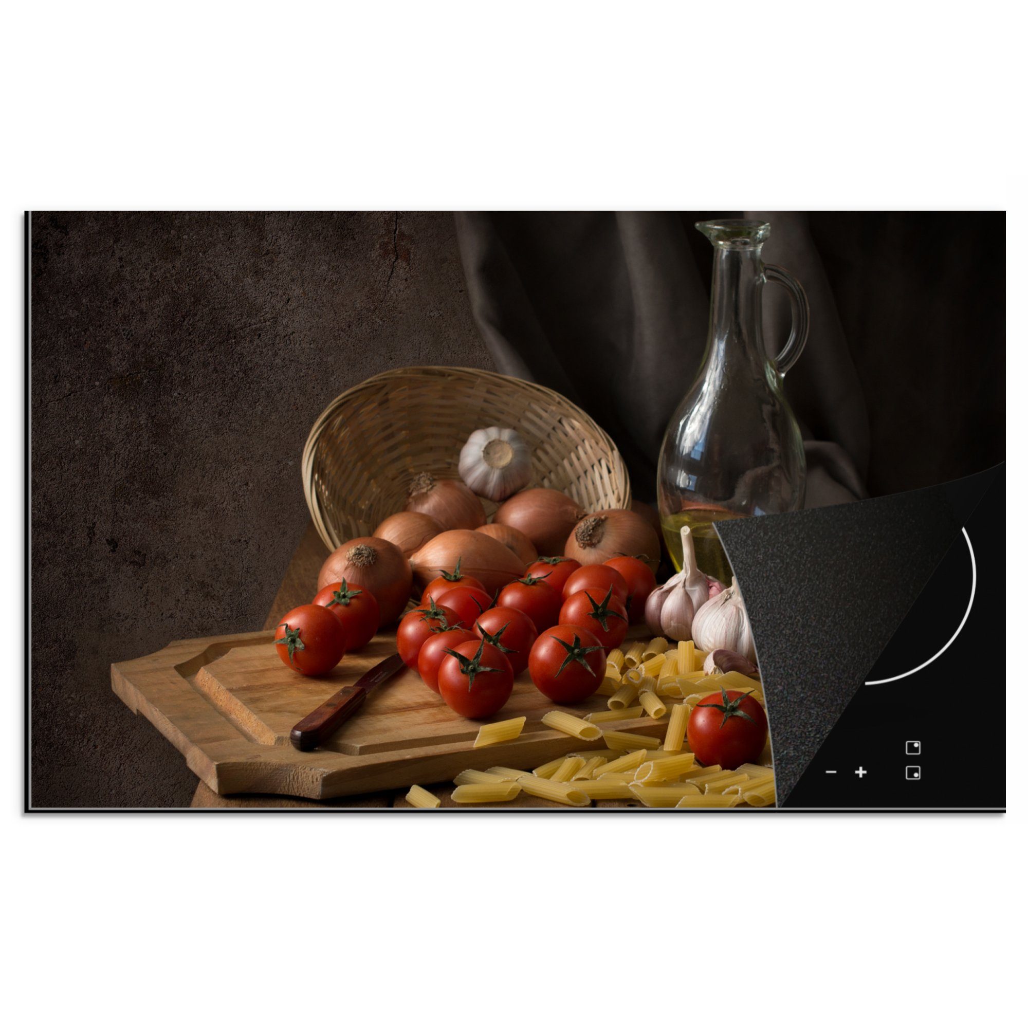 MuchoWow Herdblende-/Abdeckplatte Schneidebrett - Gemüse - Stillleben - Pasta - Aus - Tomate -, Vinyl, (1 tlg), 83x51 cm, Ceranfeldabdeckung, Arbeitsplatte für küche