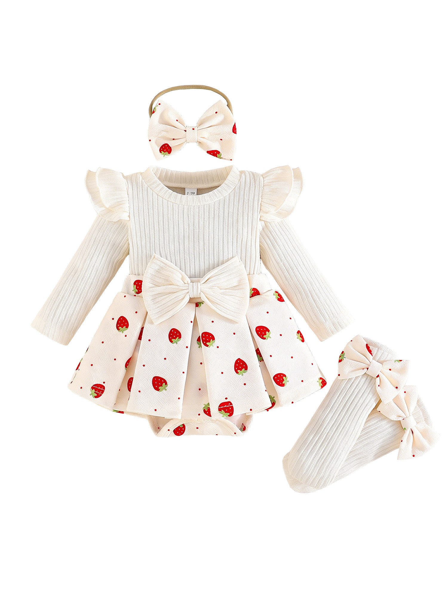 Lapastyle Strampler Baby Mädchen Strickkleid Set Erdbeer Muster mit Stirnband Strümpfen (Set, 3-tlg) Baby Festliches Outfit Set mit Rüschen Schleifen für Frühling Herbst