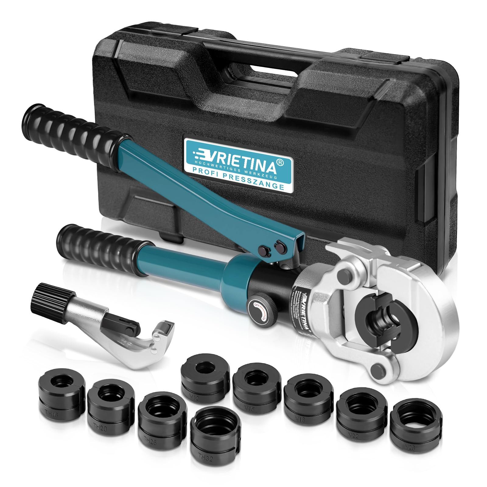 XERSEK Zangenset Profi Presszange Kupferrohr Rohrpresszange V-Kontur & TH-Kontur, mit Rohrabschneider, Handpresszange Kupferrohr Hydraulische Presszange Verbundrohr, TH Ø16-32mm & V Ø12-28mm