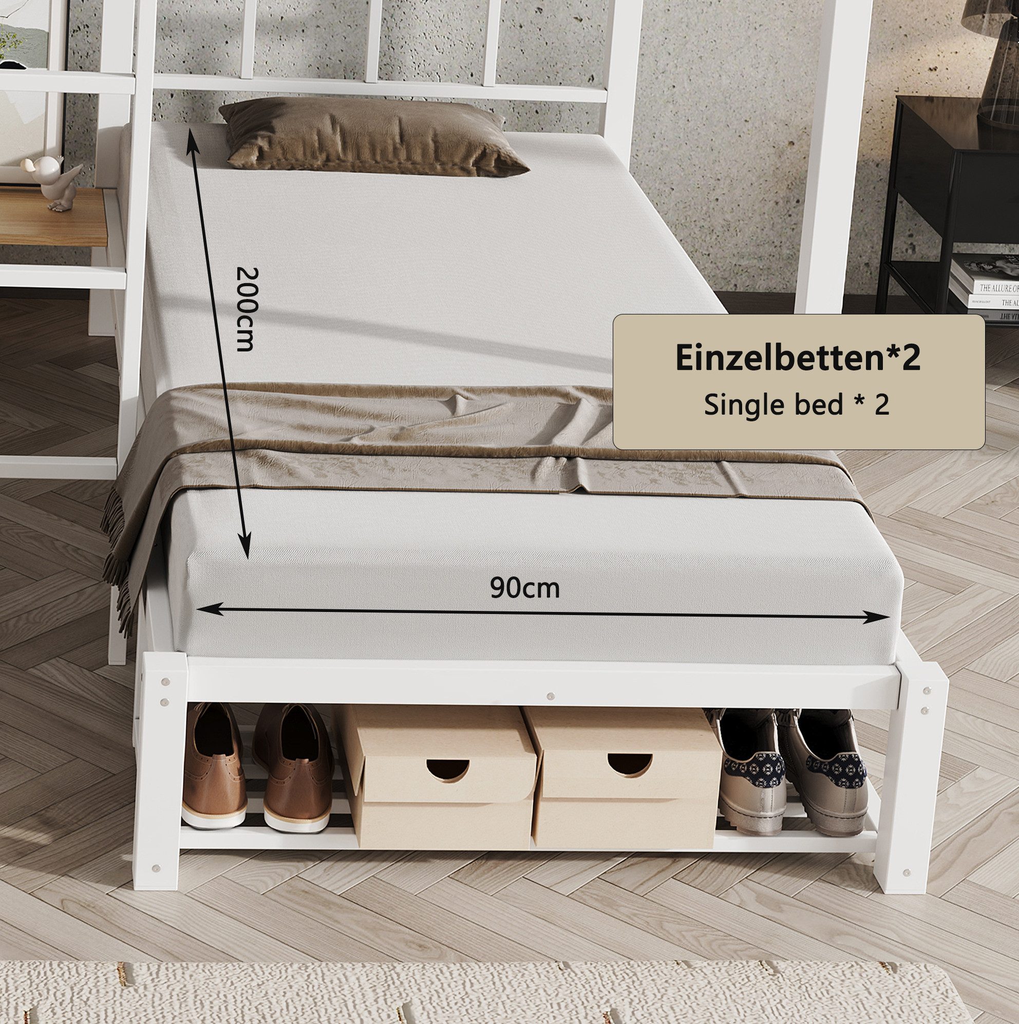 REDOM Etagenbett Metallbett mit drei Liegeflächen, praktischem Ablageregal (140x200 cm + 90x200 cm Kinderbett, mit Schuhfach und platzsparender Leiter, Jugendbett Funktionsbett), ohne Matratze
