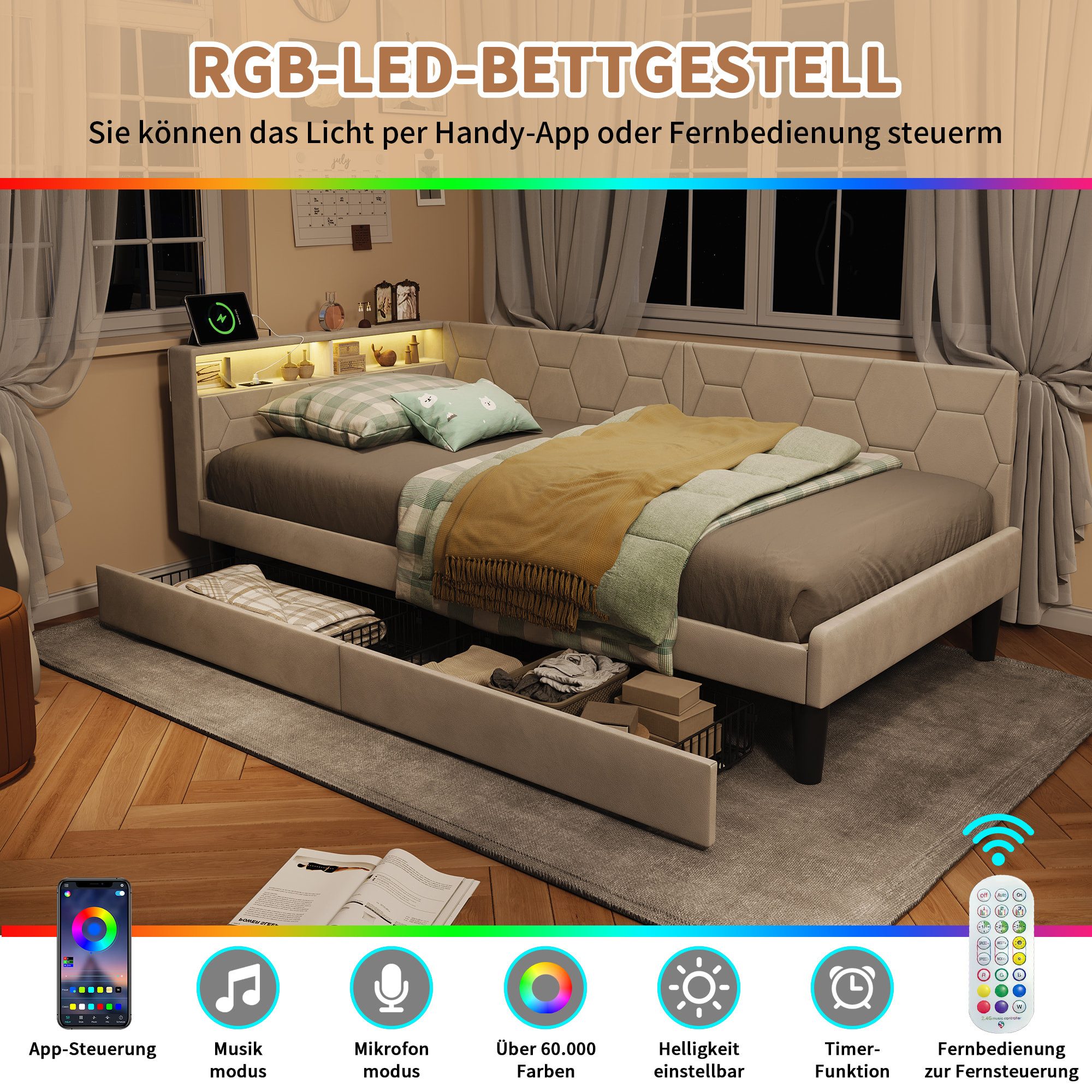 Simurq Daybed Tagesbett 90x200 mit Schubladen, Gästebett, Jugendbett, Polsterbett, Mit Lattenrost, USB Port & LED, samt, L-Form