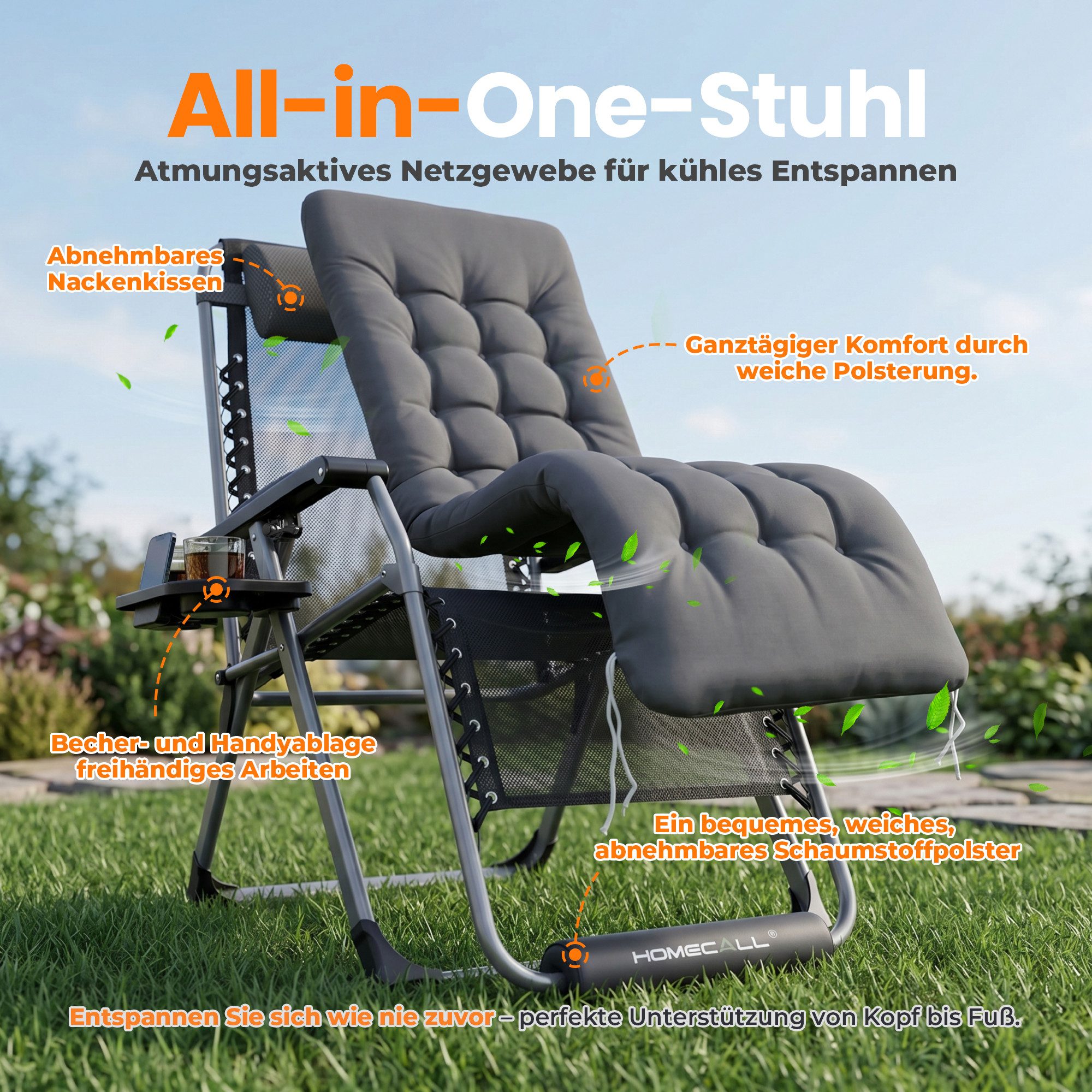 HOMECALL Gartenliege Sonnenliege Klappbar, Liegestuhl mit Weiches Kissen,groß Campingstuhl, XXL Extra breiter Zero Gravity Stuhl, 2 St., bis 180 KG, für Garten Terrasse Balkon