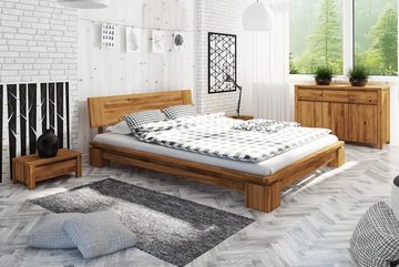 Natur24 Einzelbett Bett Tinci 1 niedrige Höhe 90x190 Wildeiche massiv mit Holzkopfteil