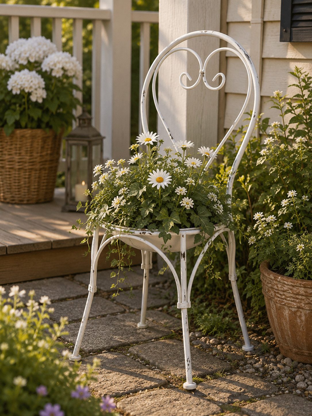 finehomegarden Vogeltränke Pflanzstuhl mit Vogeltränke Weiß 52 x 42 x 89 cm – Dekorativer Metall, Blumenständer für Garten, Terrasse und Balkon Garten-Dekoration