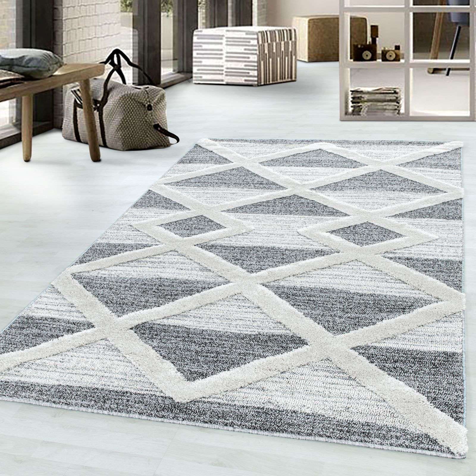 Designteppich Designerteppich Tokio hoch-tief Struktur Rauten weiß-grau, TaraCarpet, rechteckig, Höhe: 20 mm, moderner scandi boho Rauten weiß Wohnzimmer Schlafzimmer Flur 080x150