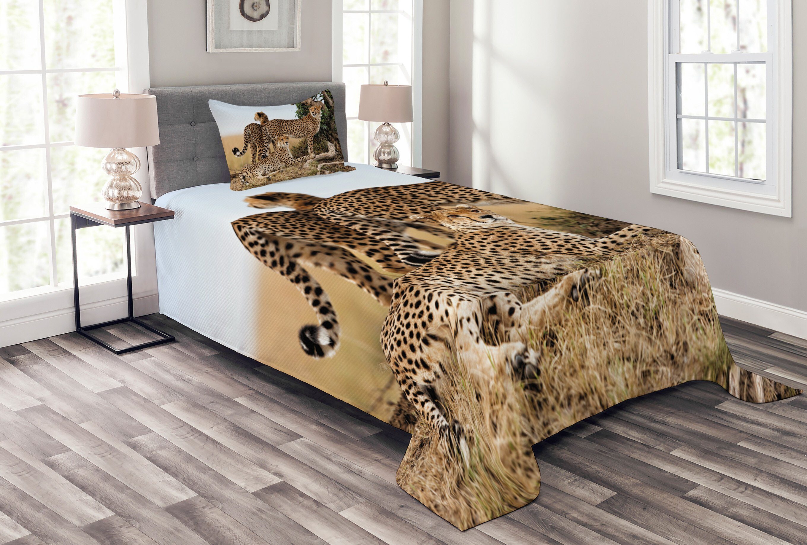Tagesdecke Set mit Kissenbezügen Waschbar, Abakuhaus, Tierwelt Safari-Tier Cheetahs