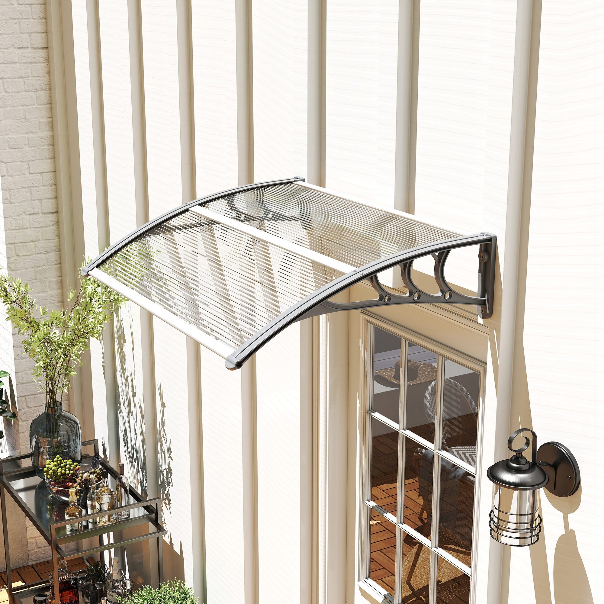 Outsunny Pultvordach Vordach 100 x 75 cm Überdachung aus Aluminium und Polycarbonat (Pultbogenvordach, 1 St., Haustürvordach), für Balkon, Sonnenschutz, Regenschutz, Silber