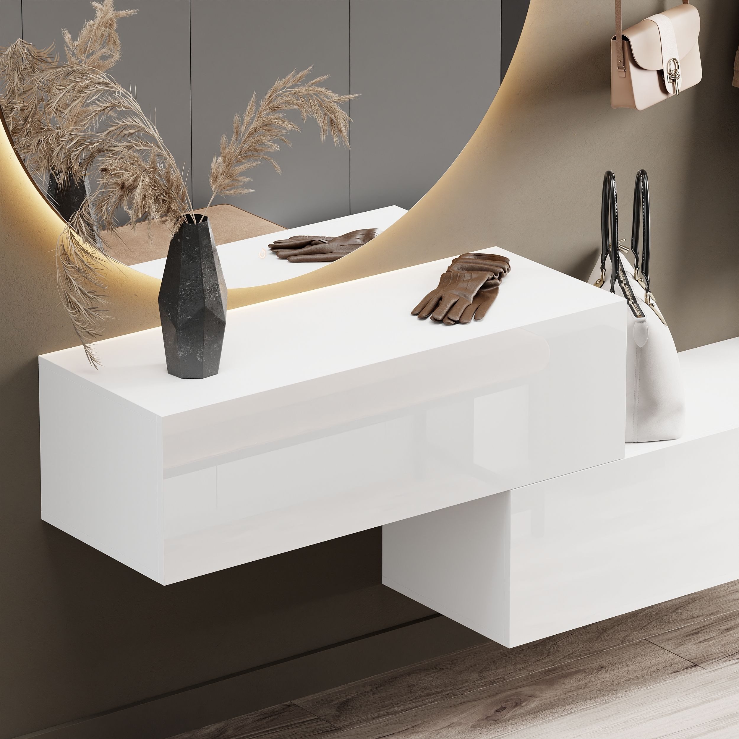 Planetmöbel Garderoben-Set Flur Möbel Garderobe, (Kompaktgarderobe mit Klappe als Stauraum, Hängeschränke 2 x 100 cm Weiß), Wandgarderobe (ohne Spiegel)