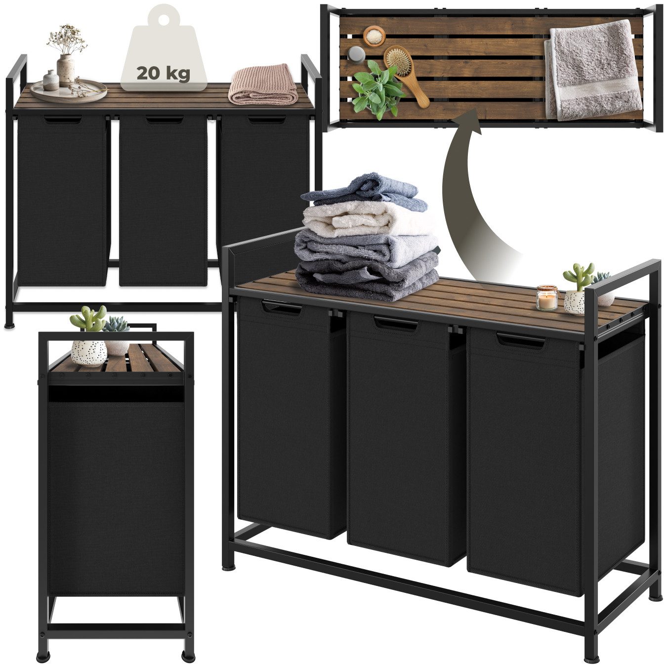 tectake Wäschekorb Wäschesortierer, Industrial-Style, 2 oder 3 ausziehbare Fächer