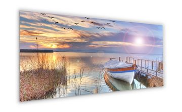 artissimo Glasbild Glasbild XXL 125x50 cm Bild aus Glas Wandbild groß Boots-Steg Meer, Landschaft: Sonnenuntergang am See