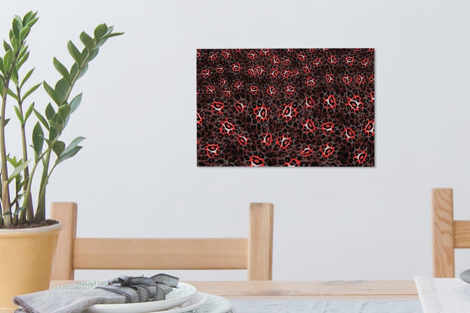 30x20 Wandbild Aufhängefertig, OneMillionCanvasses® Design Leinwandbilder, cm Wanddeko, (1 Leopard - Rot, - St), Leinwandbild