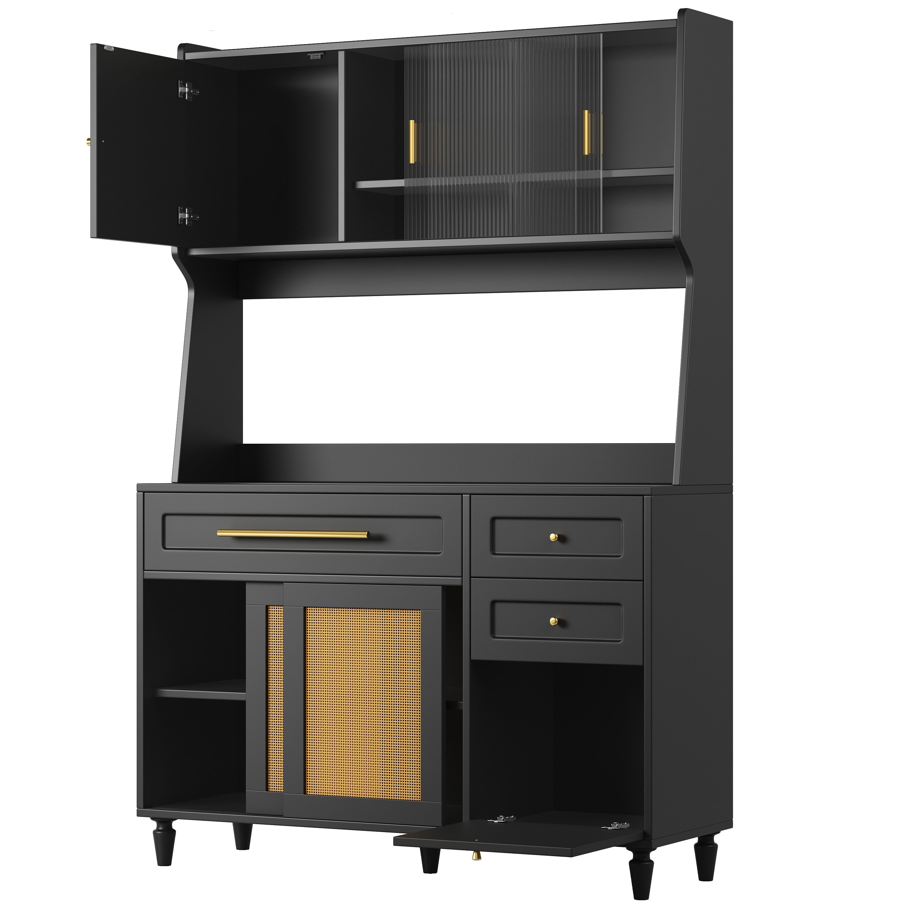 Flieks kitchen buffet with LED lighting, drawers, glass and rattan sliding doors (1 piece, W120/D45/H195.5 cm) Tall cabinet, kitchen cabinet, china cabinet with adjustable shelves