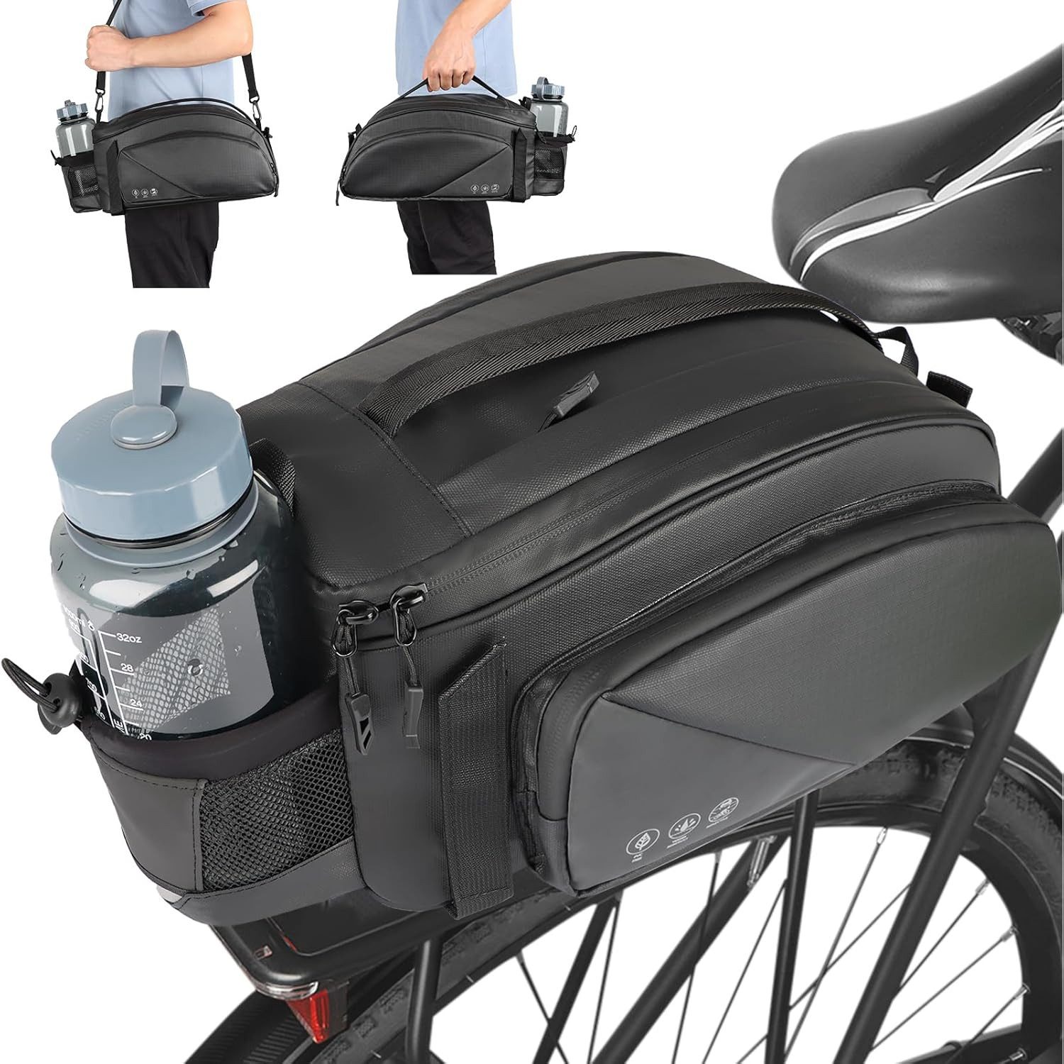 Rhein Beleuchtung Fahrradtasche Fahrradgepäckträgertasche, wasserdichte reflektierende Fahrradtasche (1-tlg), Gepäckträger hinten mit Schultergurten und Flaschenhalter