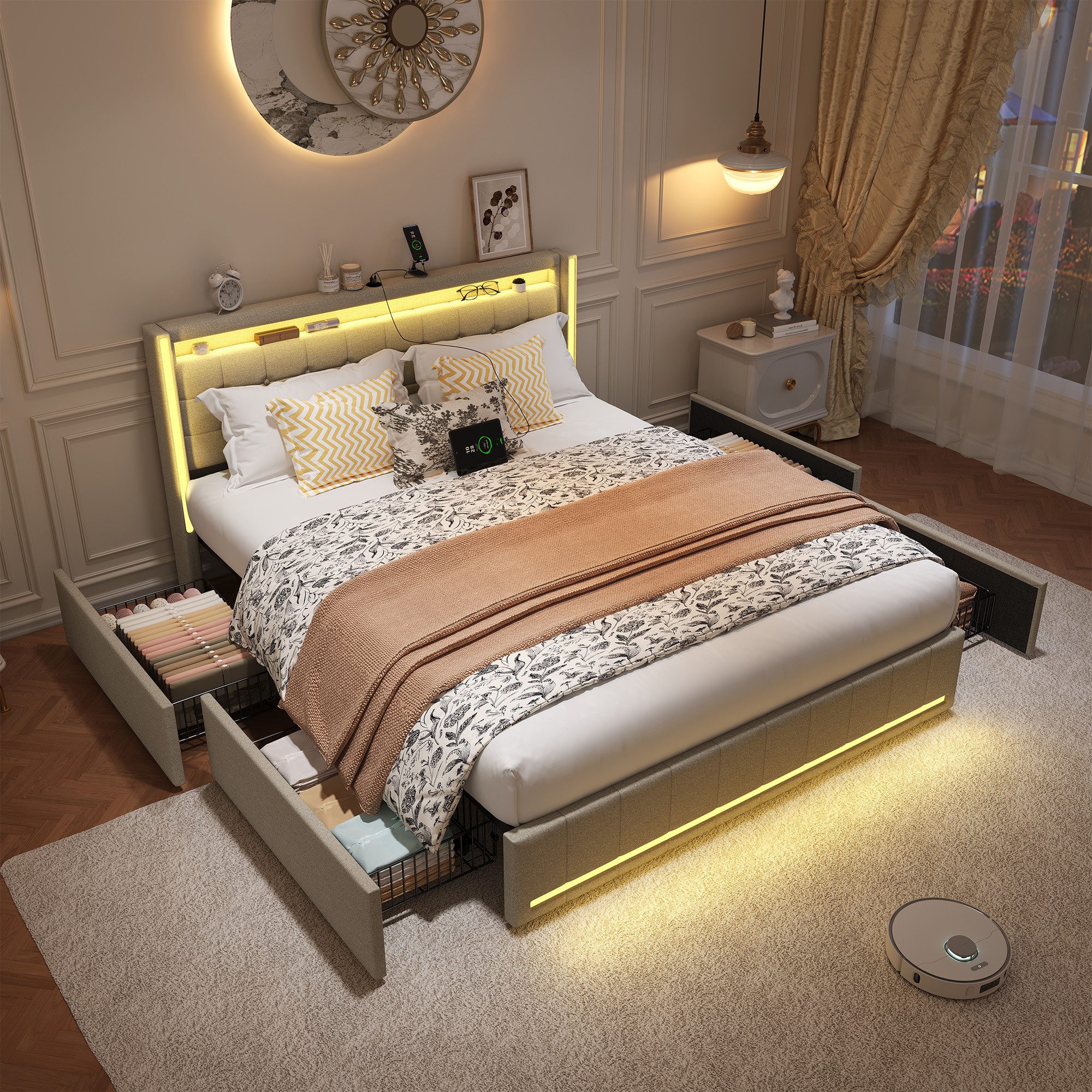 PXloue Polsterbett LED Doppelbett 140x200cm mit Ladefunktion und 4 Schublad günstig online kaufen