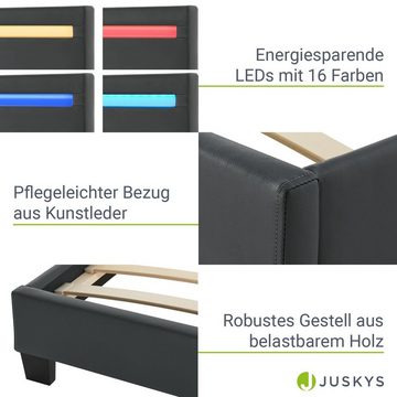 Juskys Polsterbett Paris, 140x200 cm, RGB-LED, Kunstleder, weiches Kopfteil, inkl. Matratze