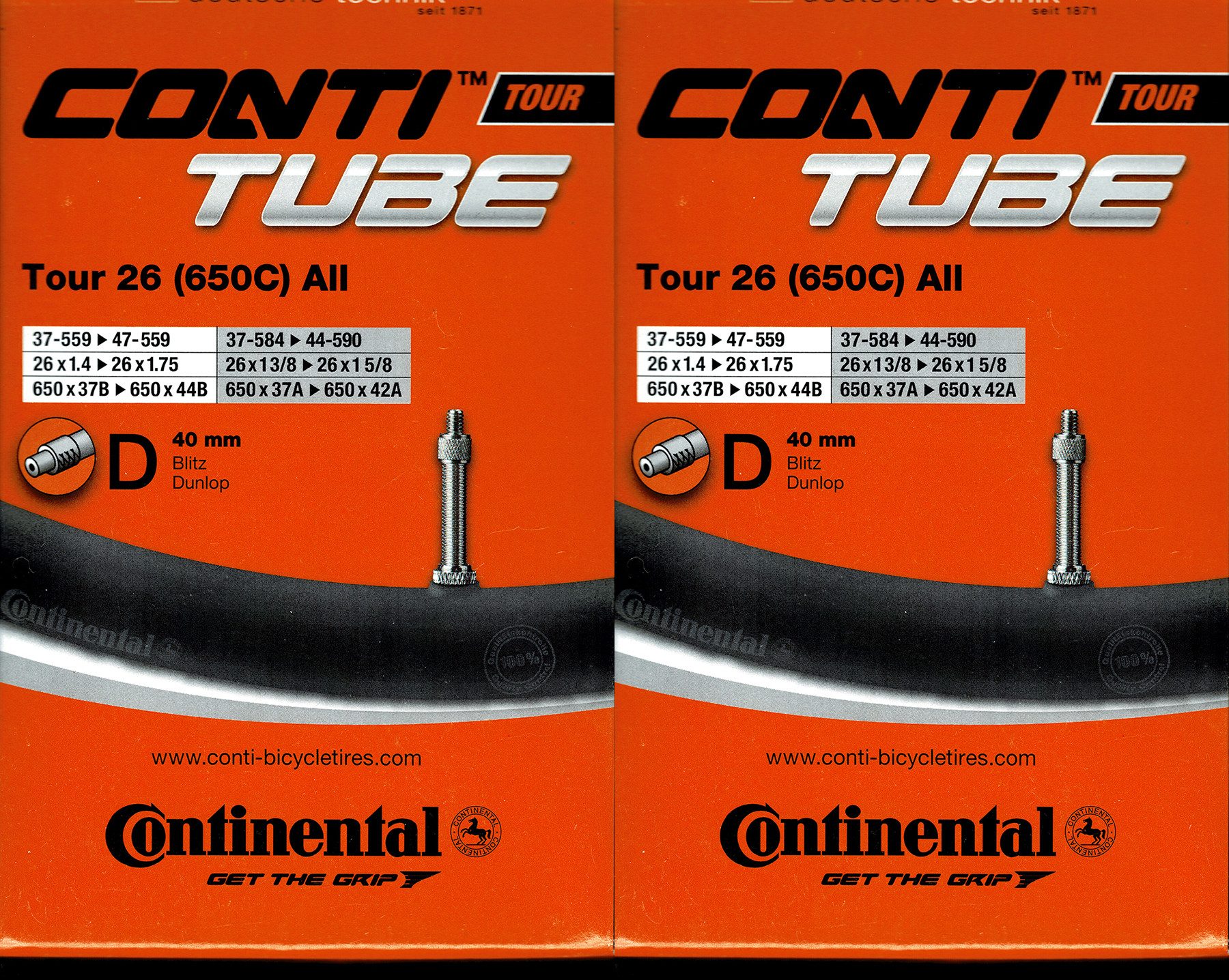 CONTINENTAL Fahrradschlauch 2x Continental Tour 26 all Schlauch 26 Zoll DV (37/47-559/597) DV 40mm, 1,50, 1 5/8, 1,75, 1,40, 1 3/8, 1,60, 1,25, 1,35, (2-St)