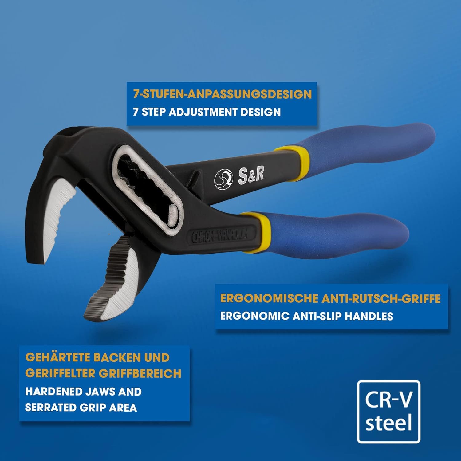 S&R Wasserpumpenzange 242x34mm, Chrom-Vanadium Stahl, Doppelt ummantelte ergonomische Griffe, 1-tlg., mit geschmiedeten, gehärteten und angelassenen Zangen-Back – Bild 4 von 5