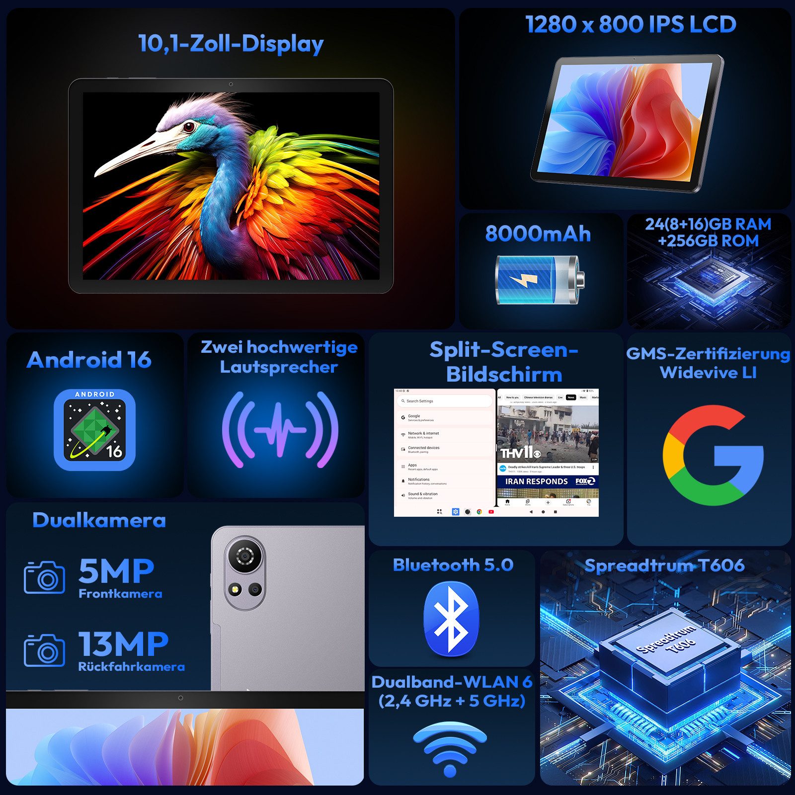 XGODY N05 Pro VIP (2SIM-4GLTE) mit Tastatur, Ledertasche und Ladegerät Tablet (10.1", 256 GB, Android 16, 2G (GSM), 3G (WCDMA), 4G (LTE), WLAN, SIM-Kartenslot, Gesichtserkennung, Ledertasche für Tastatur)