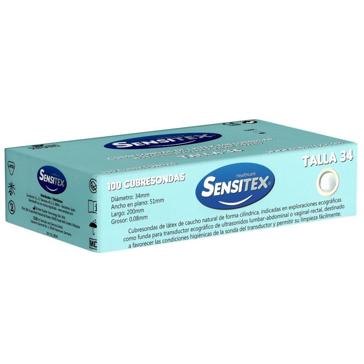 Sensitex Kondome Cubresondas (Probe Covers) Packung mit, 100 St., Vorratsbox, vegane Ultraschallhüllen, trocken und ohne Reservoir
