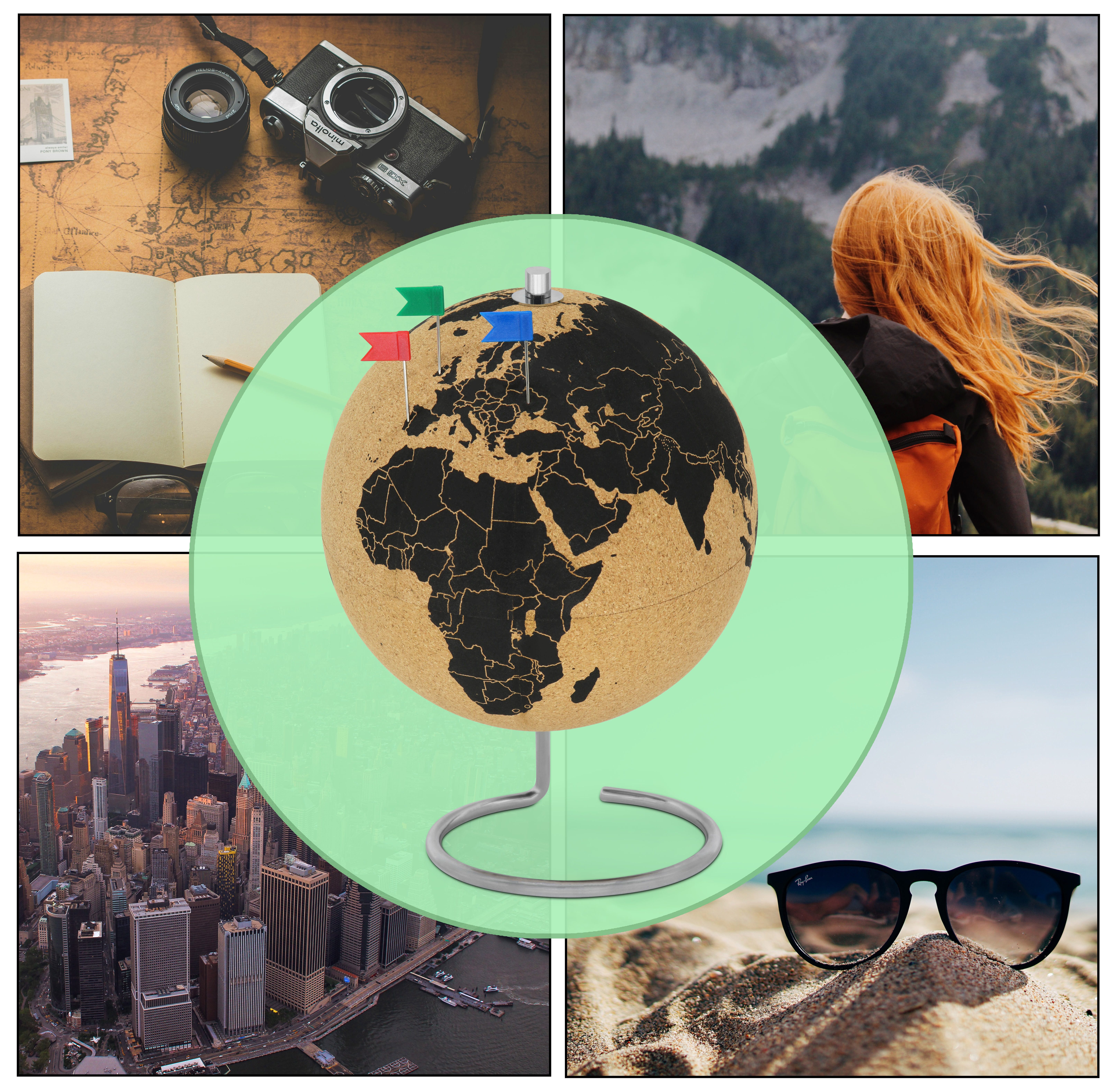 Feinknick Globus Drehbarer Korkglobus mit 54 unterschiedlichen Pinnadeln, Globus aus Kork 25cm hoch als ideale Geschenkidee