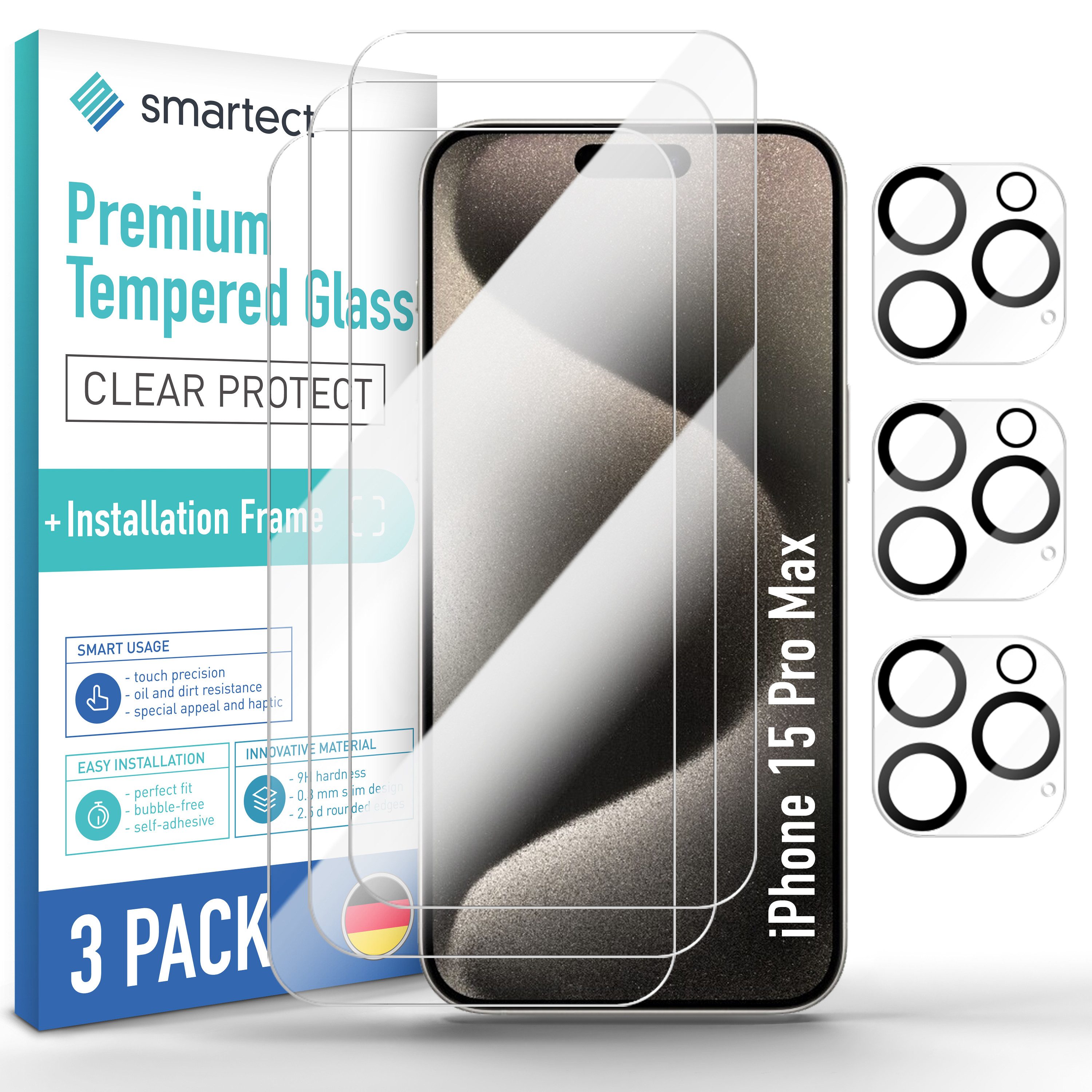 Displayschutzglas Schutzglas Klar für iPhone 15 Pro Max, 3x Front + 3x Cam + PH