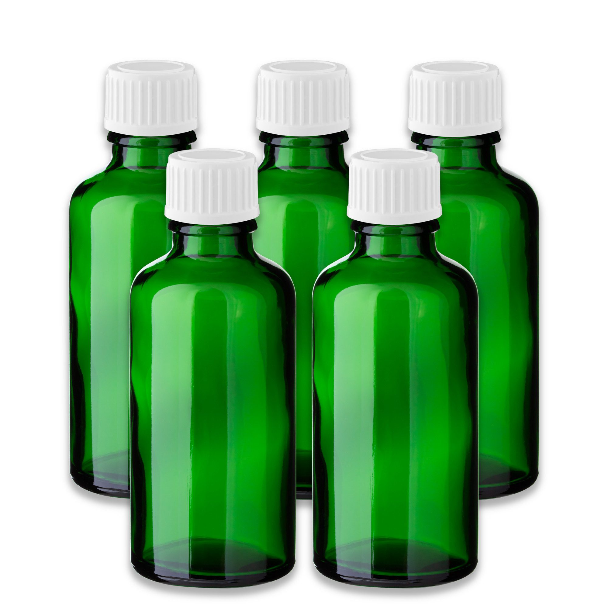CK Verpackung GmbH Leerglas 5x Grüne Glasflasche 50 ml mit weißem PP-Schraubverschluss Kappe Leer (Set x5)