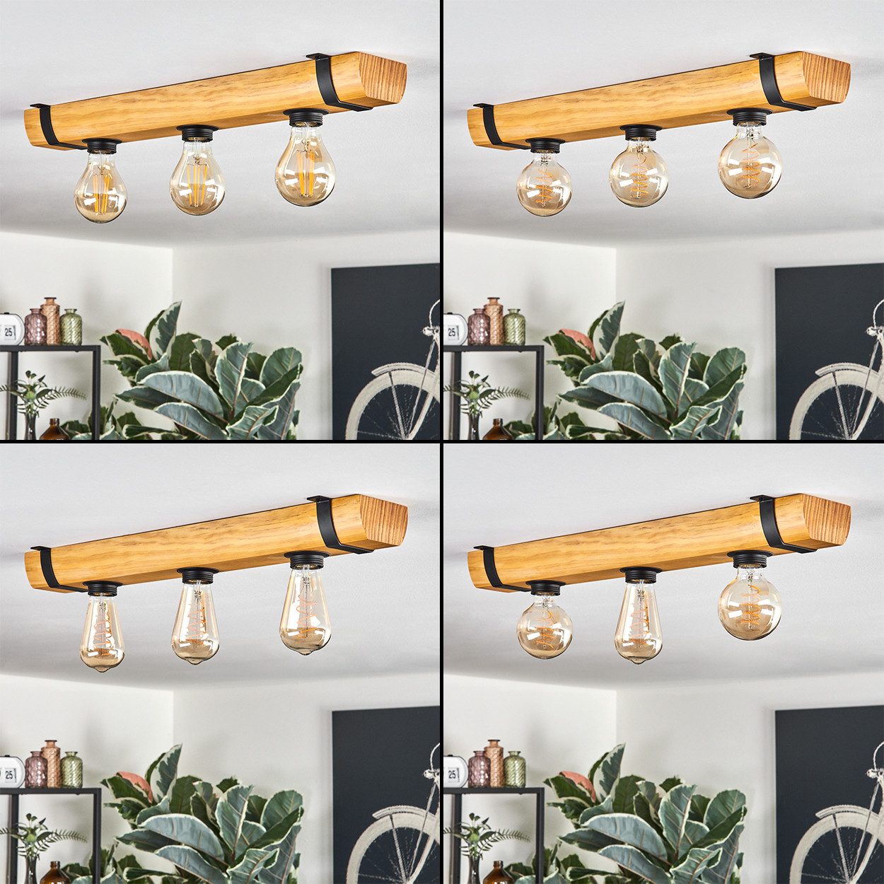 hofstein Deckenleuchte Deckenlampe aus Holz/Metall in Naturfarben/Schwarz, ohne Leuchtmittel, moderne Retro/Vintage/Industrial-Design Leuchte mit Holzbalken, 3xE27