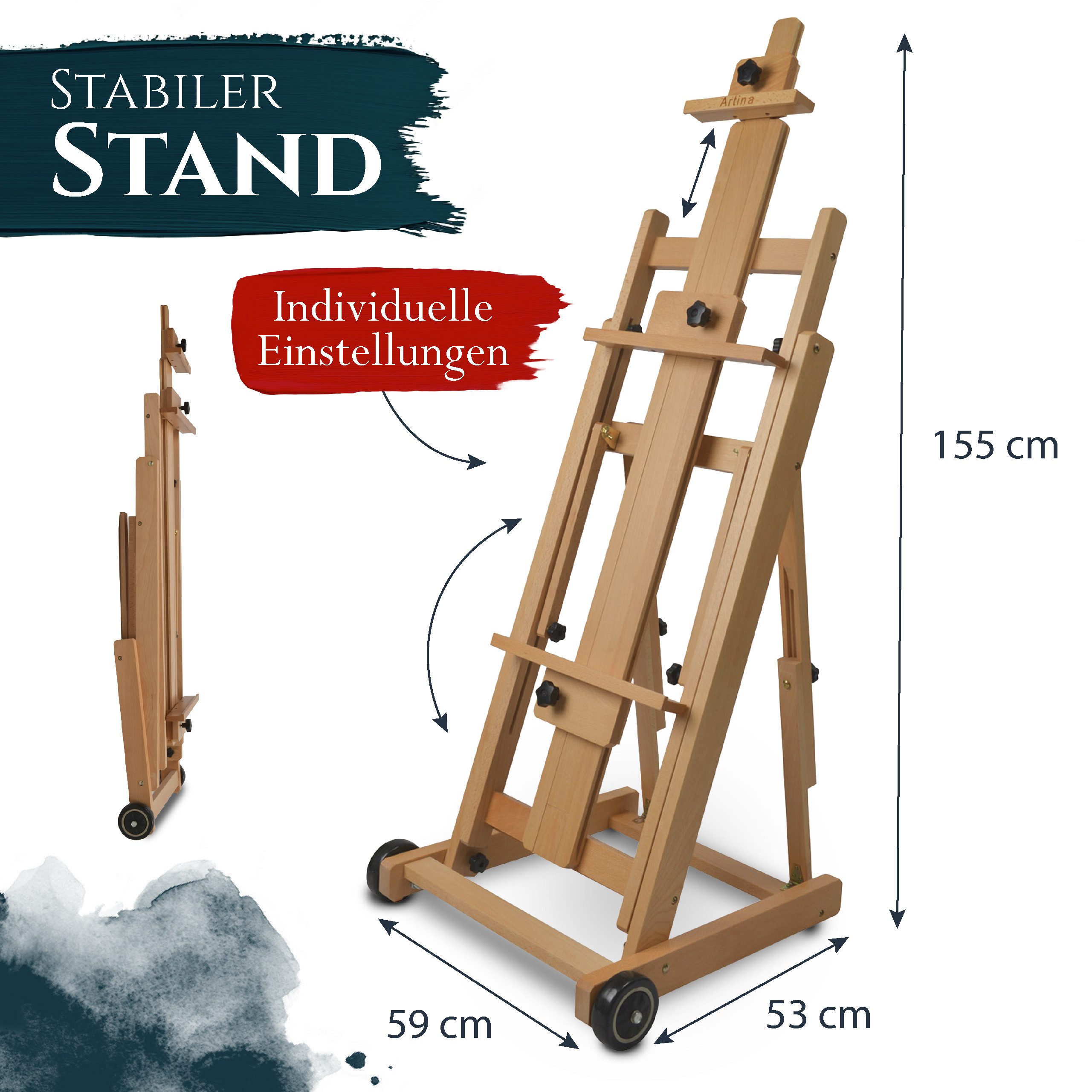 Artina Staffelei Profi Studio Atelierstaffelei Buche für 2 Leinwände Bordeaux, gleichzeitig bis Leinwandhöhe 195 cm Bordeaux – Neigungswinkel 90° – Bild 5 von 5