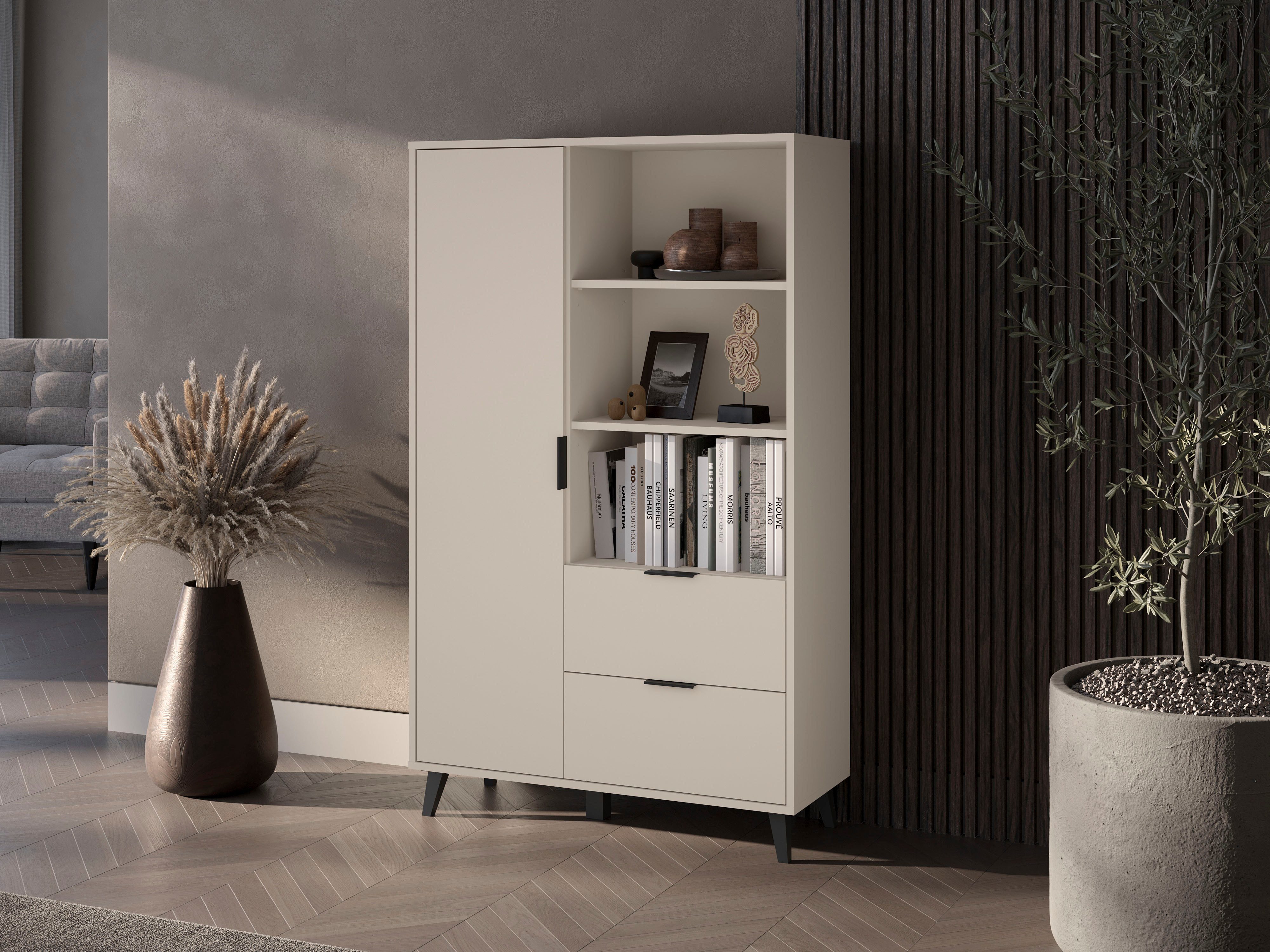 OTTO home Highboard Oslo, B/H/T: 85/140/33 cm (1 St), Schublade, höhenverstellbare Einlegeböden, schwarze Metallgriffe