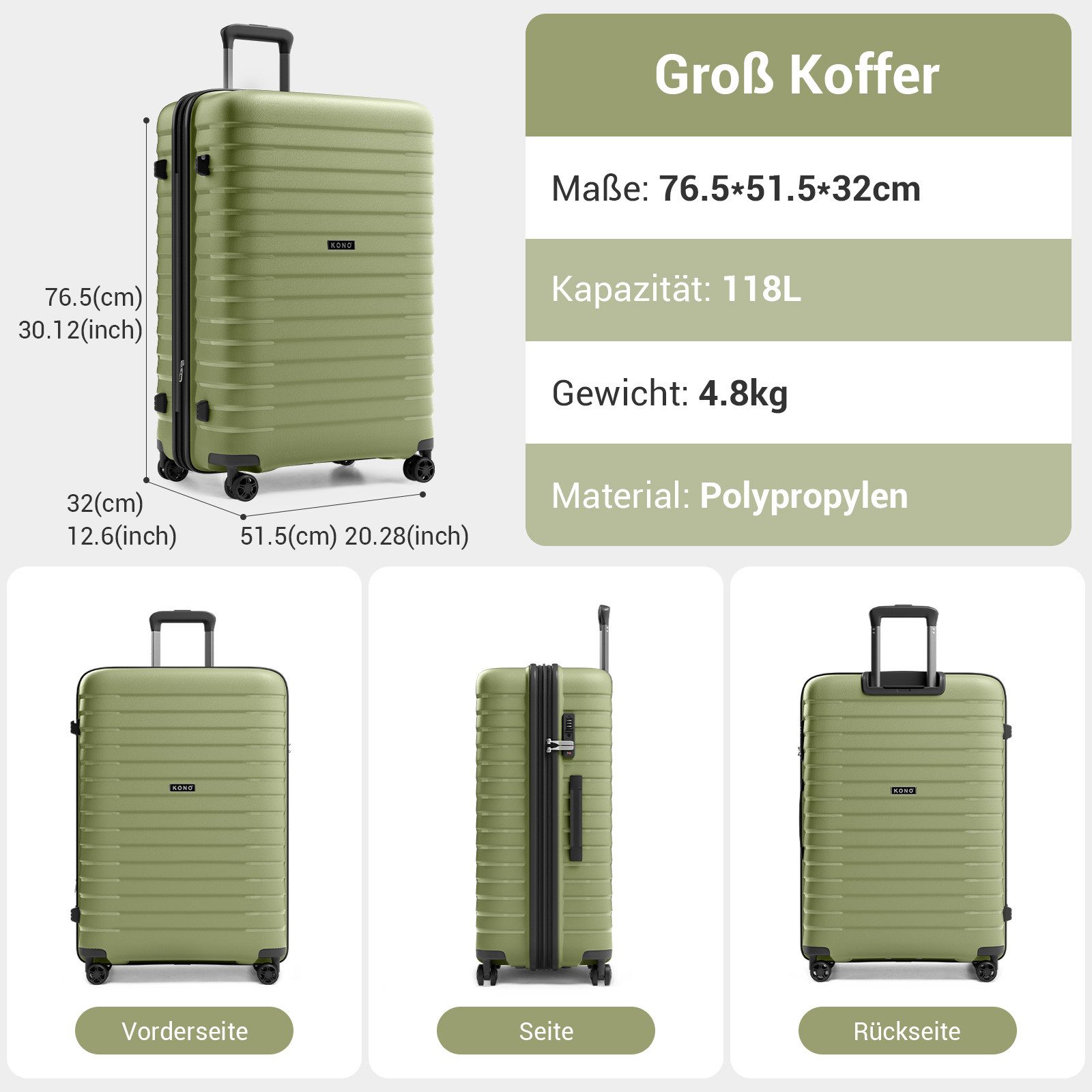 KONO Koffer Hardschale-Kabinentrolley aus Kratzfestem PP mit Becherhalter – Bild 2 von 5