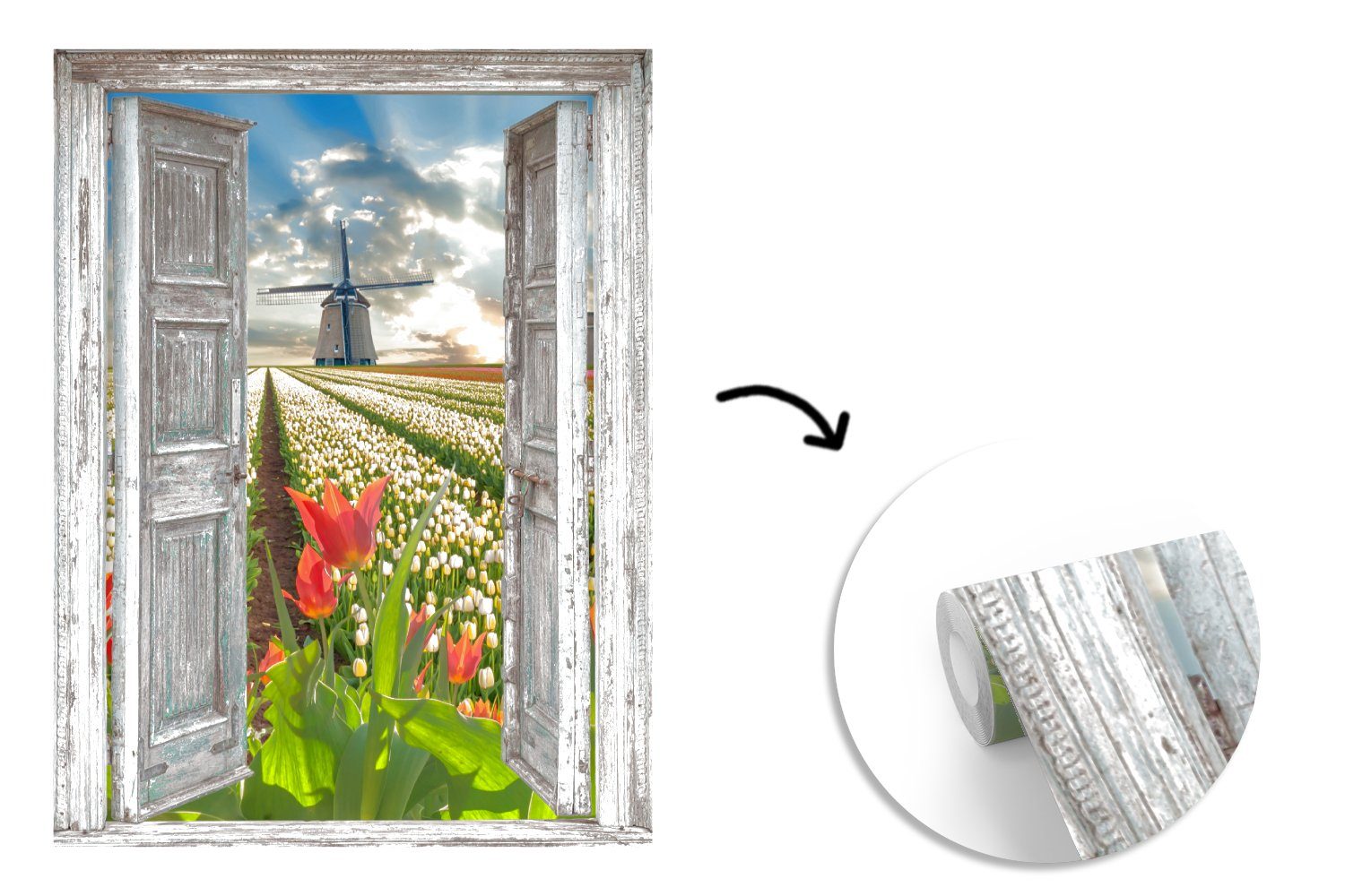 Wandtapete Ausblick, bedruckt, Fototapete Matt, Mühle Blumen (4 Wohnzimmer, Frühling Vinyl - für Montagefertig MuchoWow St), - Tapete -