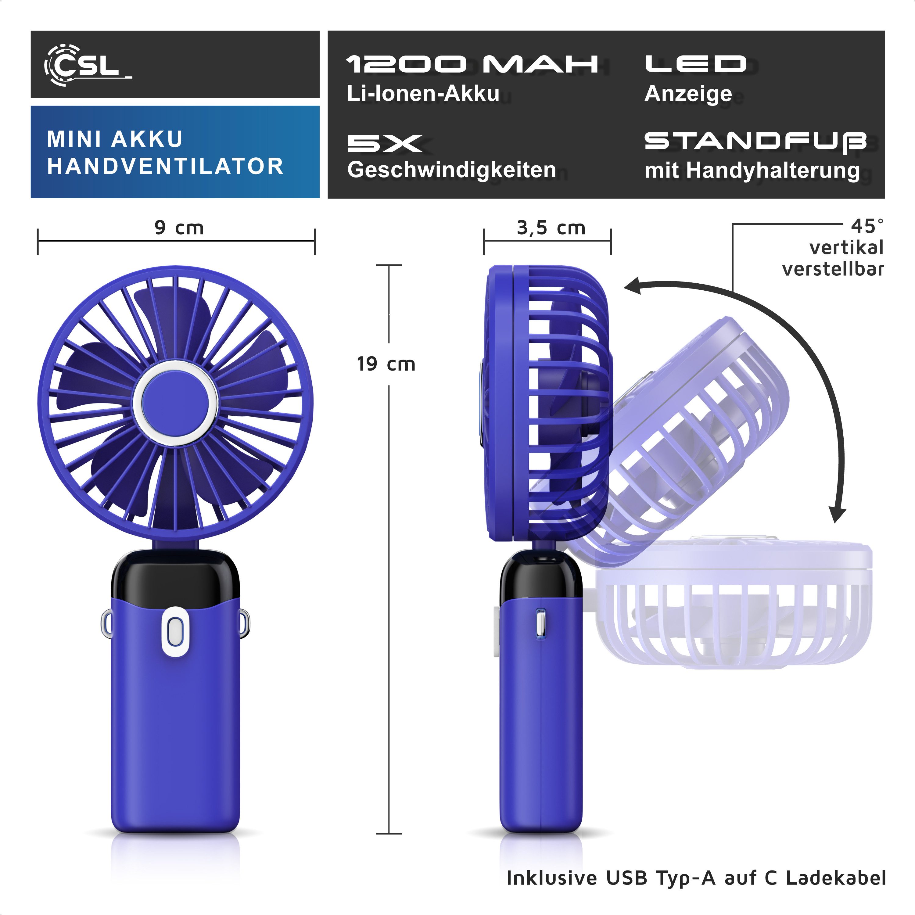CSL Akku-Ventilator USB‑Mini‑Ventilator mit Akku, Standfuß & Geschwindigkeitsregelung, 1200 mAh Li-Ionen, aufladbar, neigbar, Halteband, Standfuß, Display