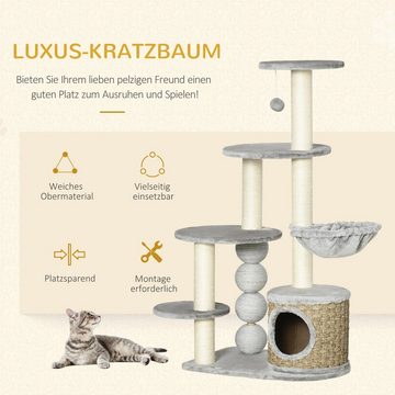 PawHut Kratzbaum mit Katzenhöhle, Hängematte und 3 Kratzstämme, Hellgrau, 60L x 40B x 115.5H cm
