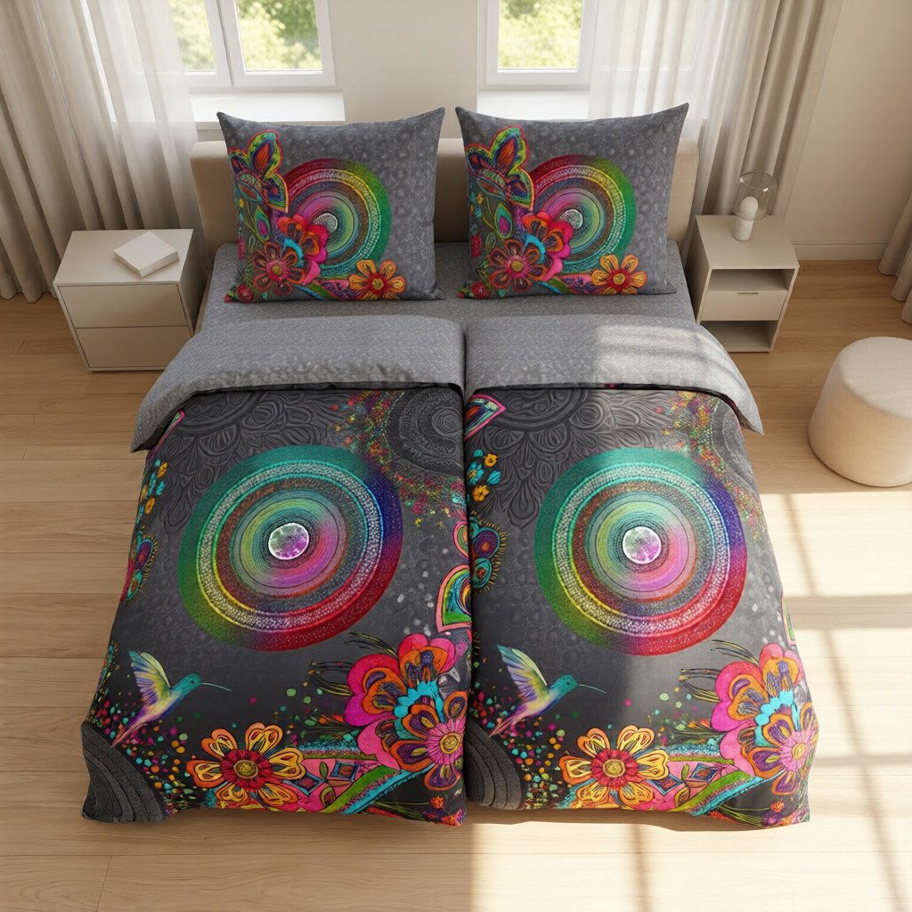 Traumschloss Bettwäsche Comfort Baumwolle, Flanell, 2 teilig, bunte Mandalas auf grauem Hintergrund