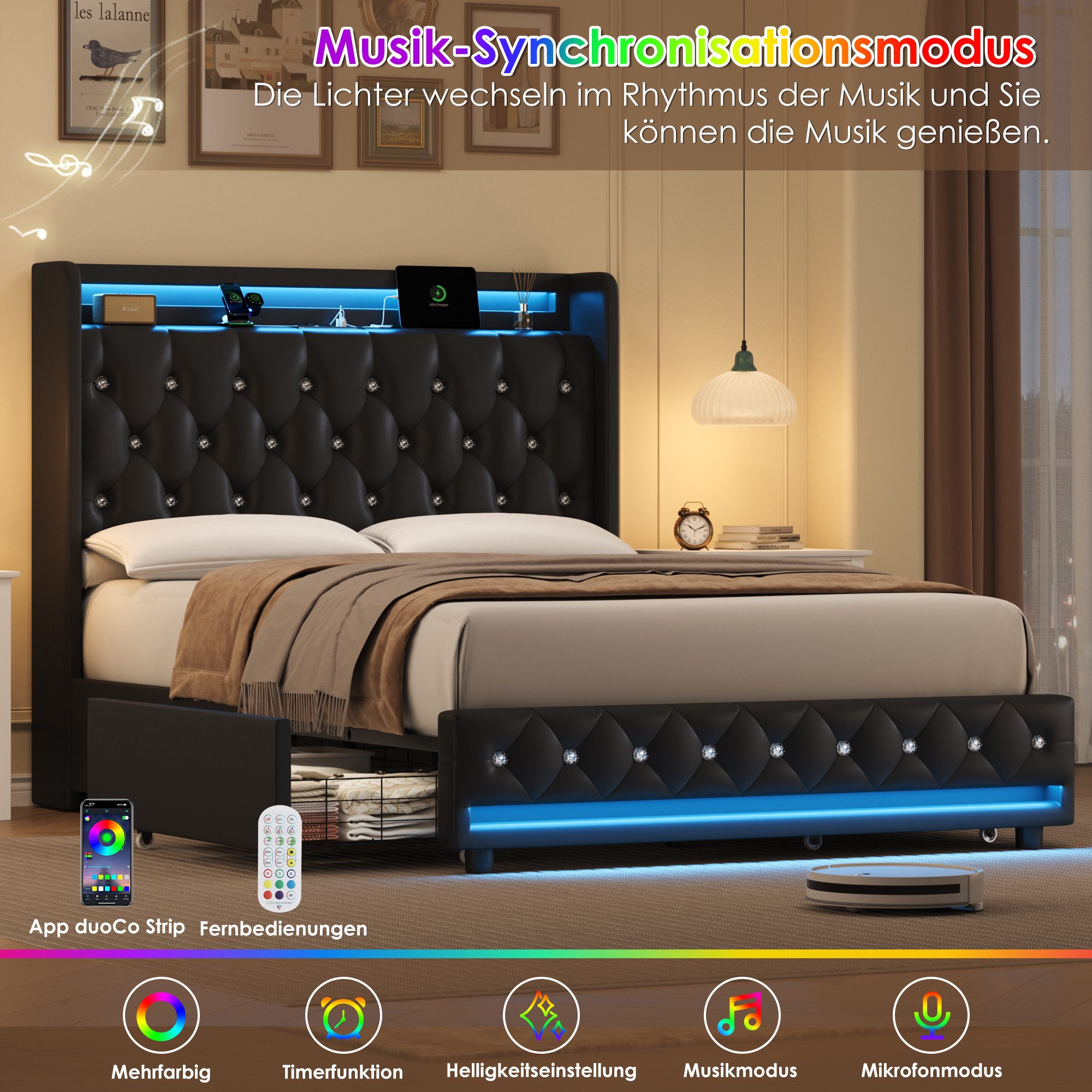 Homfa Polsterbett Bett 140x200 Bettgestell Doppelbett, mit Ladefunktion und 4 Schubladen, LED-Beleuchtung, ohne Matratze