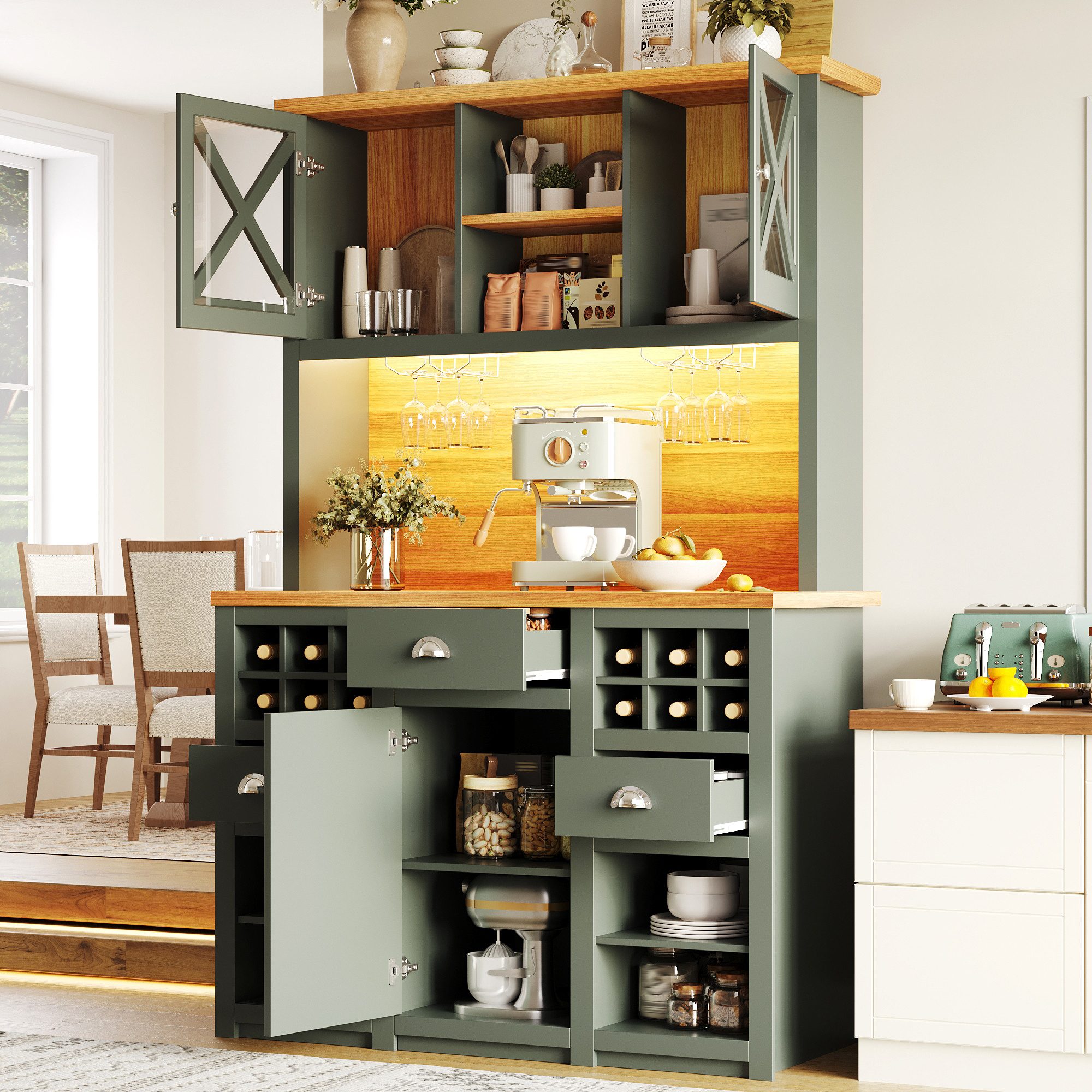 Flieks Küchenbuffet mit Arbeitsplatte in Holzoptik, Steckdosen und LED-Beleuchtung (B120/T45/H188 cm, 1-St) Küchenschrank mit verstellbarer Einlegeböden Hochschrank in Retrostil