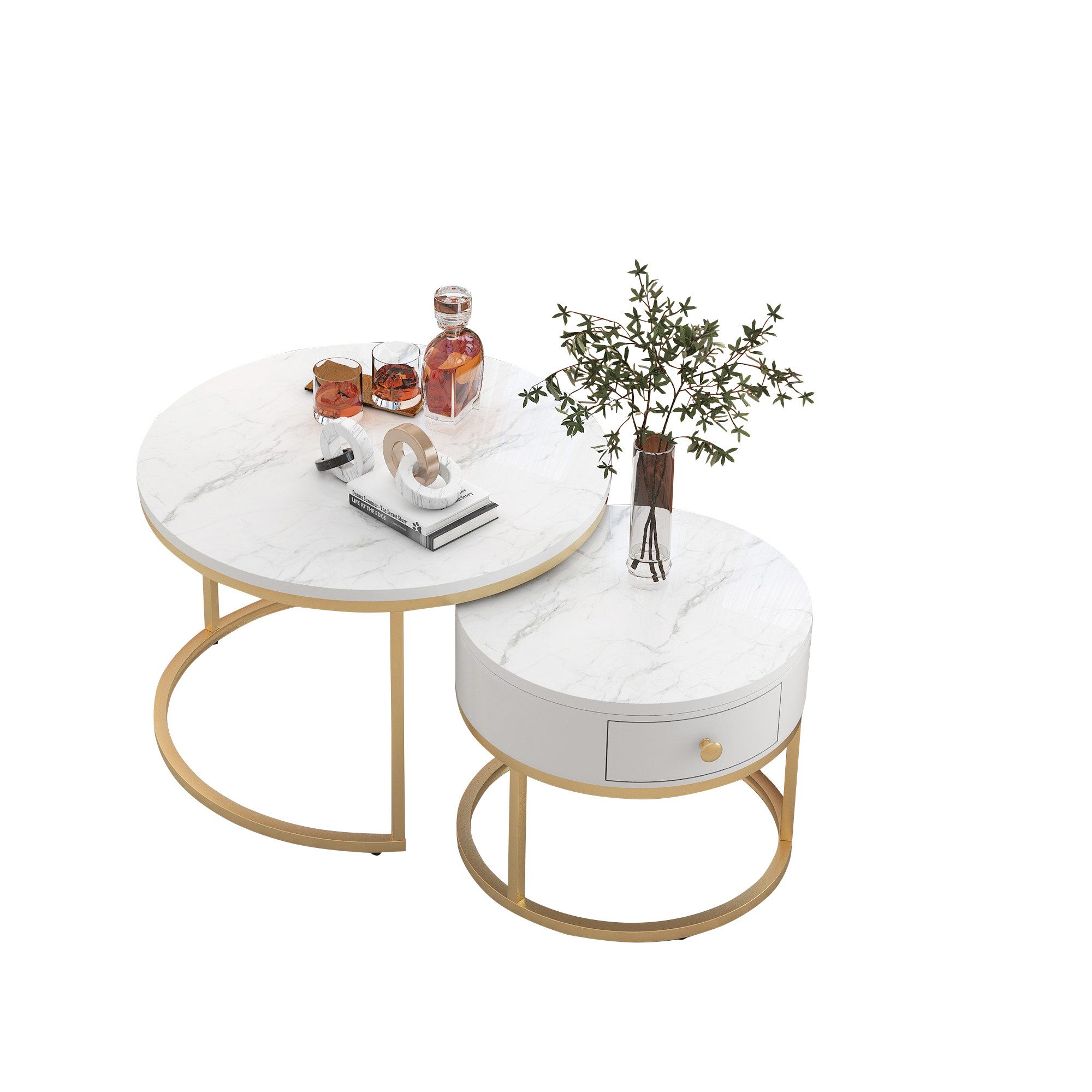Merax Couchtisch Satztisch rund Beistelltisch mit Schublade (2-St), hochglanz Marmoroptik aus Holz mit goldenen Metallbeine