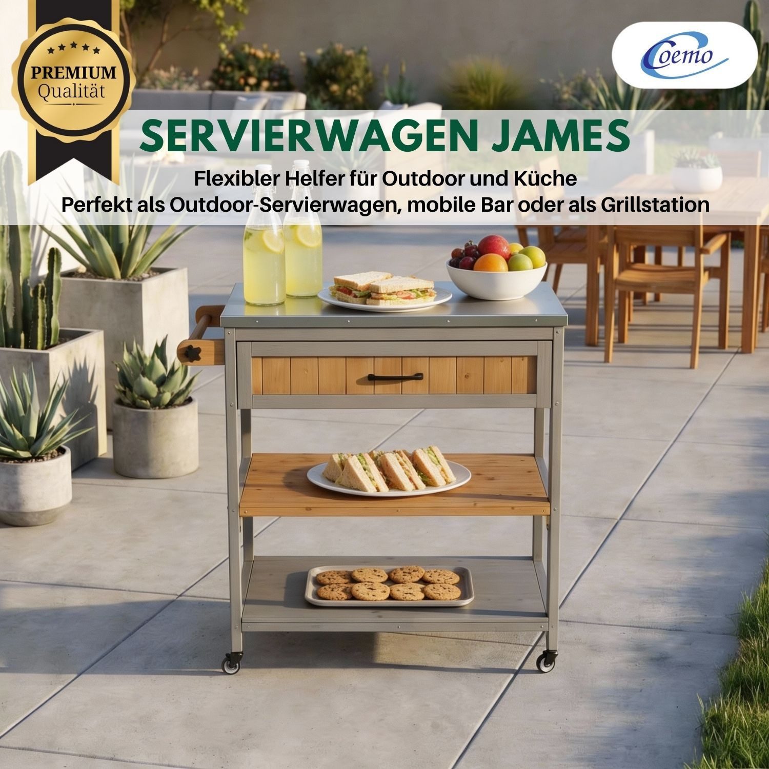 Coemo Gartentisch JAMES, großer Servierwagen mit Rollen, Holz Küchenwagen Outdoor Beistelltisch