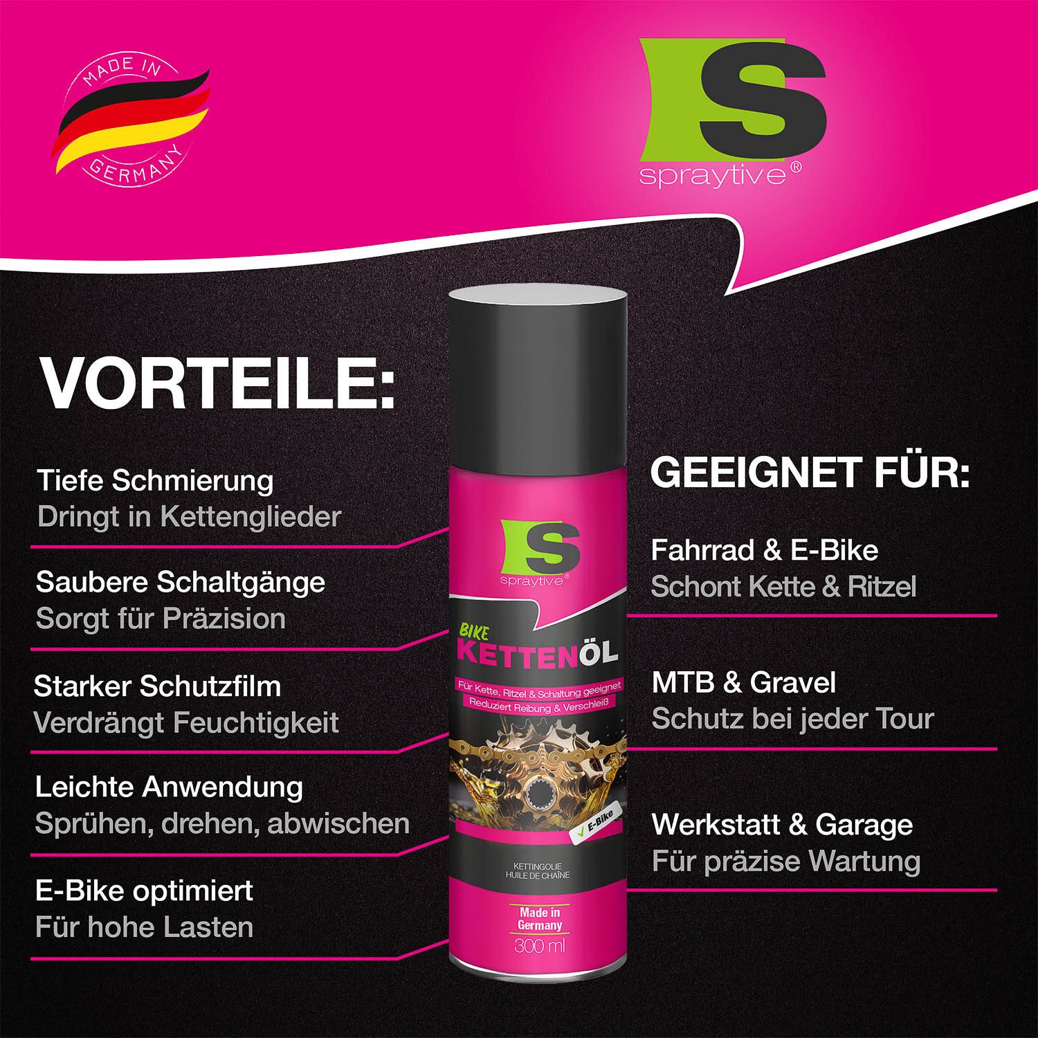 Spraytive Fahrradöl 6x 300ml Kettenöl-Spray - für Fahrrad & E-Bike - Fahrradkettenöl, schützt Kette, Ritzel & Schaltung
