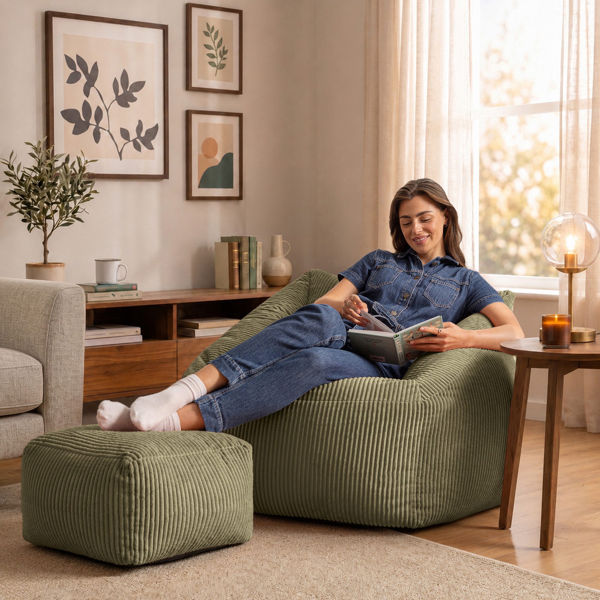 icon Sitzsack Riesen Sessel aus Cord Flauschig „Natalia" mit Hocker (Spar-Set, 1 x Sitzsack-Sessel, 1 x Fußhocker), Sitzsack XXL, Made in Germany, für Erwachsen – Bild 3 von 5