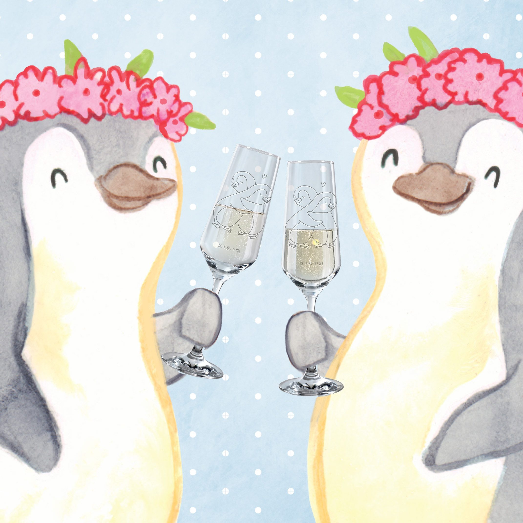 Mr. & Mrs. Panda Sektglas Pinguine Kuscheln, Glas, Transparent, Geschenk für Frauen, Trinkglas, Premium Glas, Hocheitstag Sektkelch graviertes sektglas