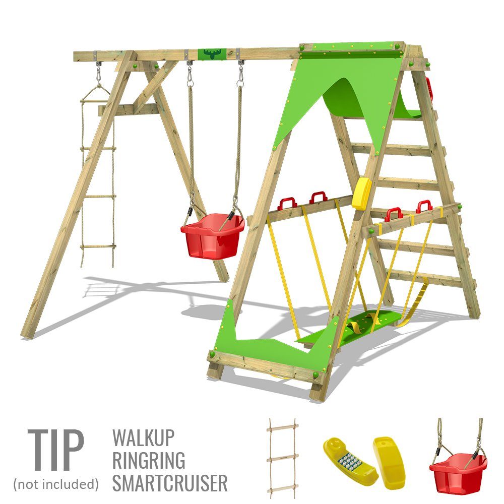 FATMOOSE Doppelschaukel JollyJade mit Surfschaukel, Kletteranbau und Hochsitz, (Schaukel - Set, 10 jährige Garantie), Hochsitz, Wackelbrett und Kletterpodest