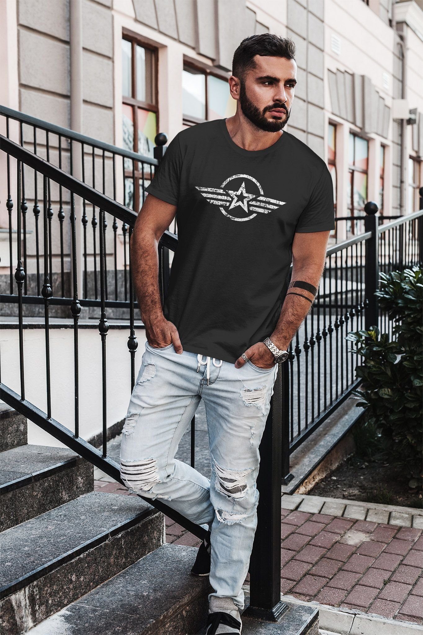 Neverless Print-Shirt Neverless® Herren T-Shirt Print schwarz Aufdruck Emblem Airforce mit Fashion Streetstyle